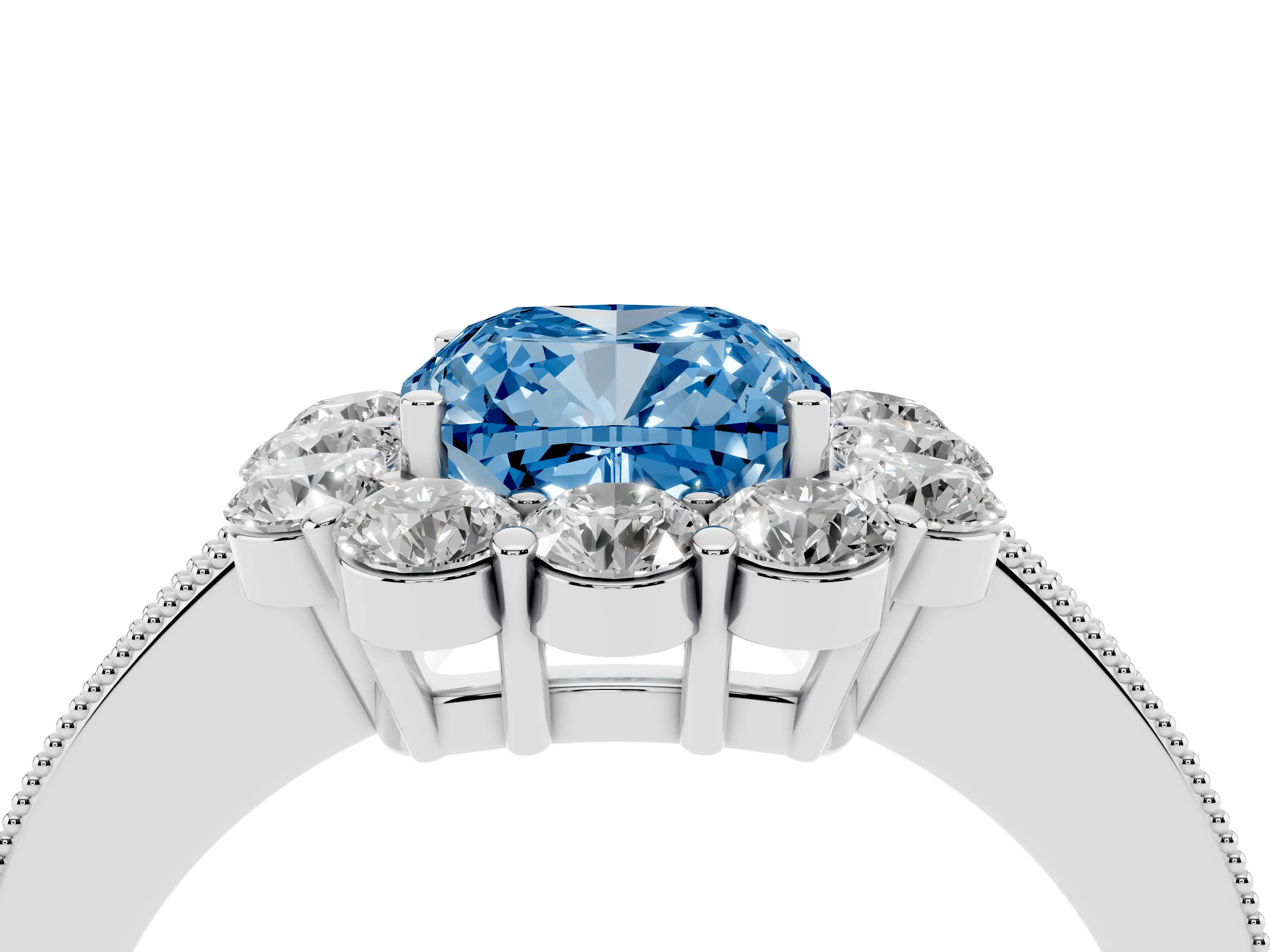 Fancy Blue Cushion Cut Diamond Halo Pavé Engagement Ring Set in White gold with Milgrain Detailing