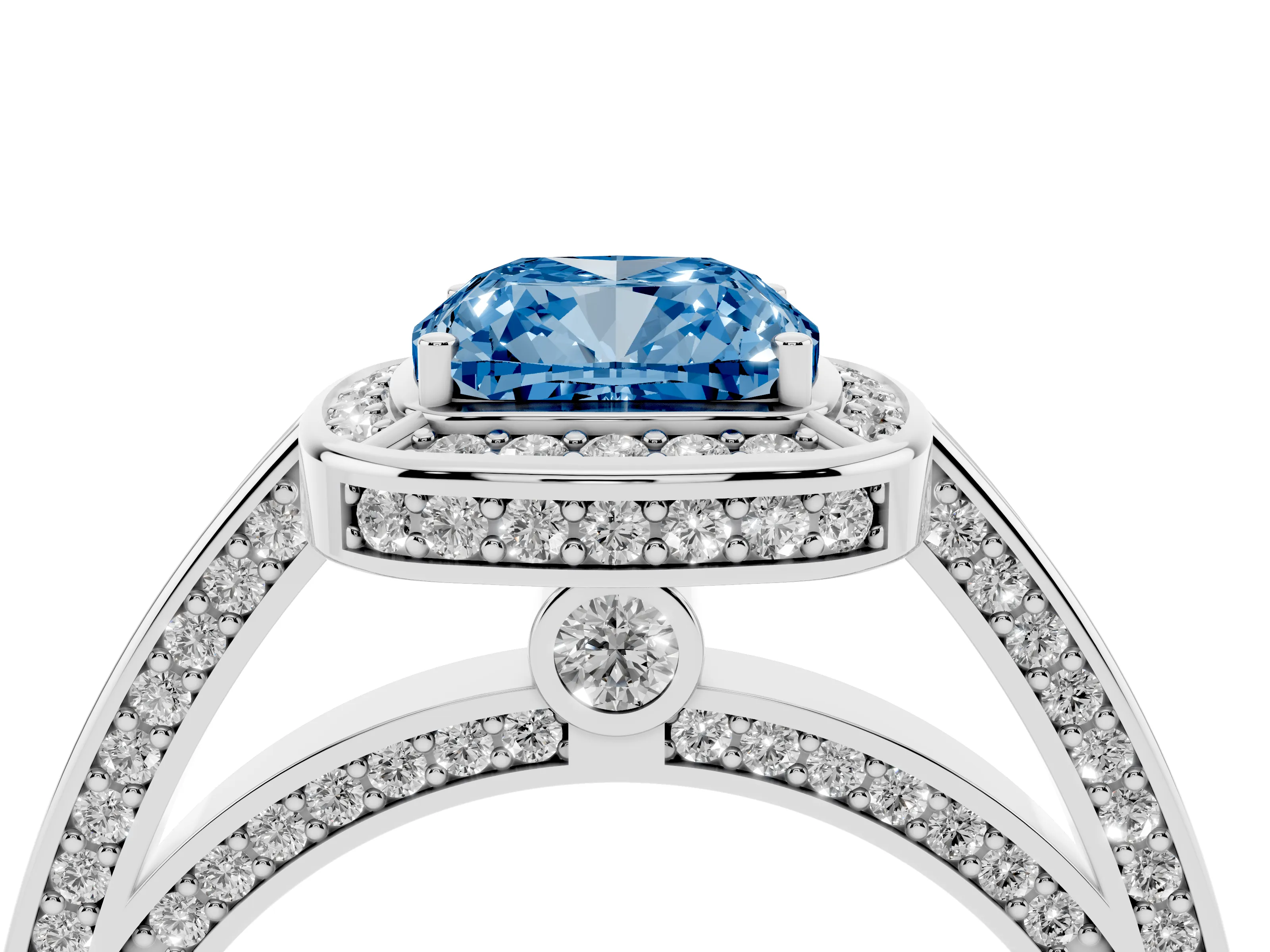 Fancy Blue Cushion Cut Diamond Halo Pavé Split Shank Ring Set in White gold with Prong Setting