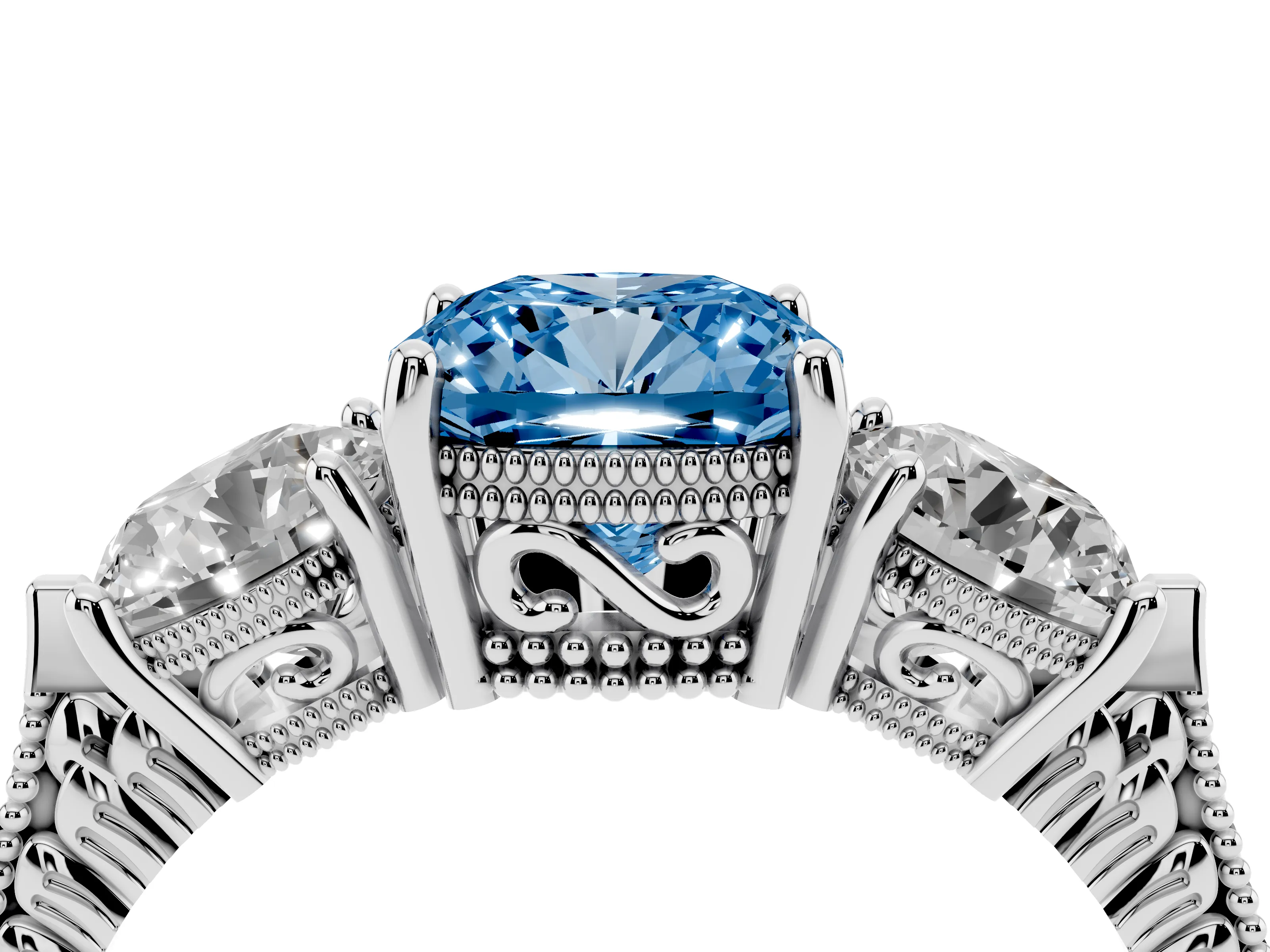 Fancy Blue Cushion Cut Diamond Three-Stone Ring Set in Silver with Milgrain Band