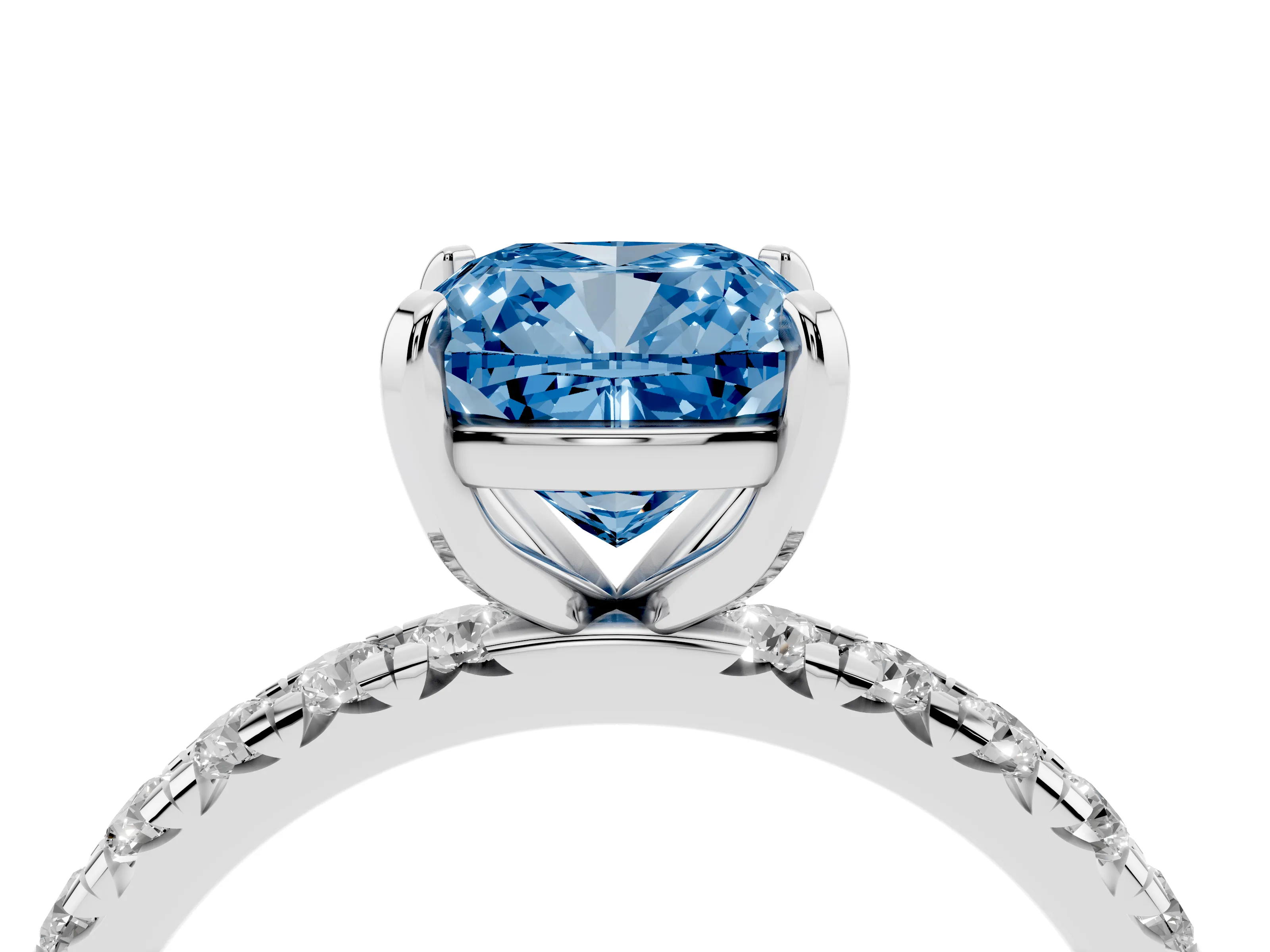 Fancy Blue Cushion Cut Diamond Pavé Solitaire Ring Set in Platinum with Round Band and Prong Setting