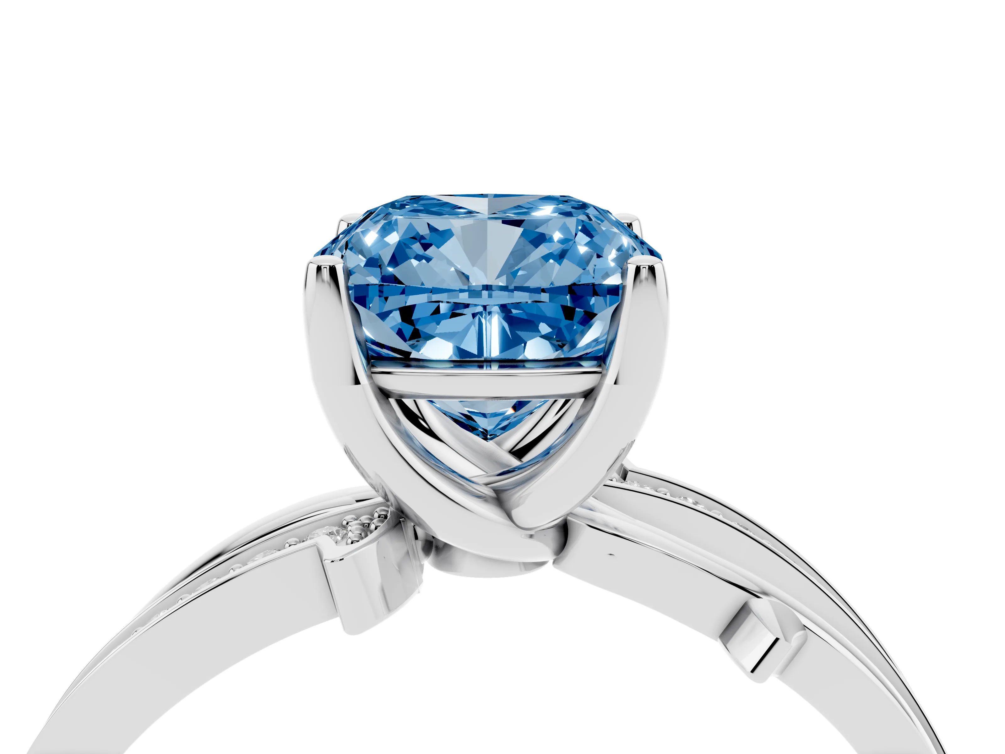 Fancy Blue Cushion Cut Diamond Pavé Twist Band Solitaire Ring Set in Silver with Prong Setting