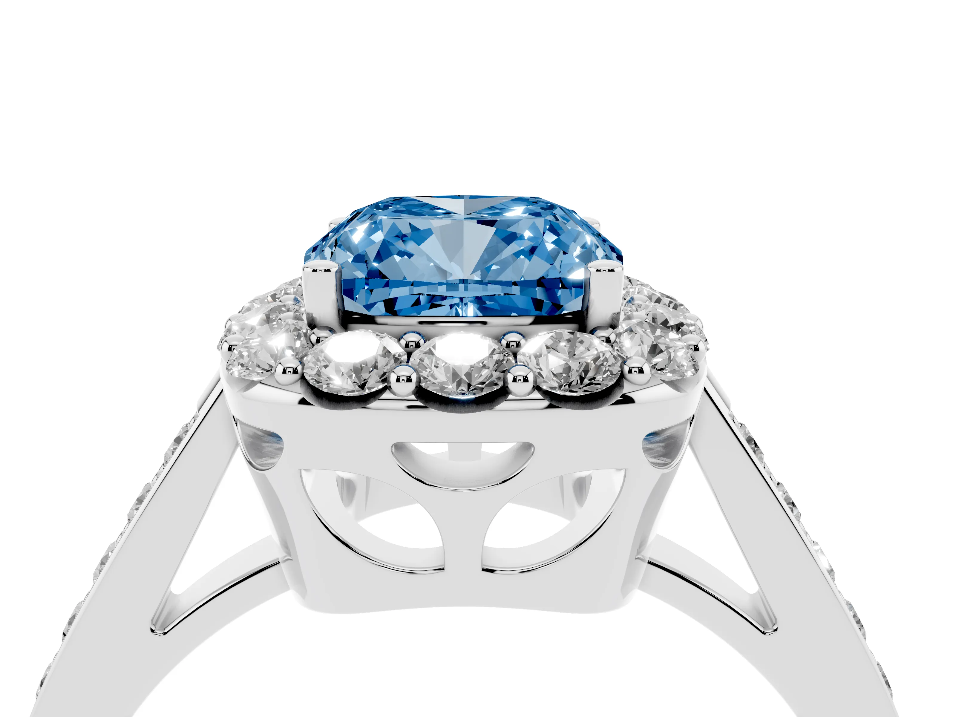 Fancy Blue Cushion Cut Diamond Floral Halo Ring Set in White gold with Pavé Band and Prong Setting