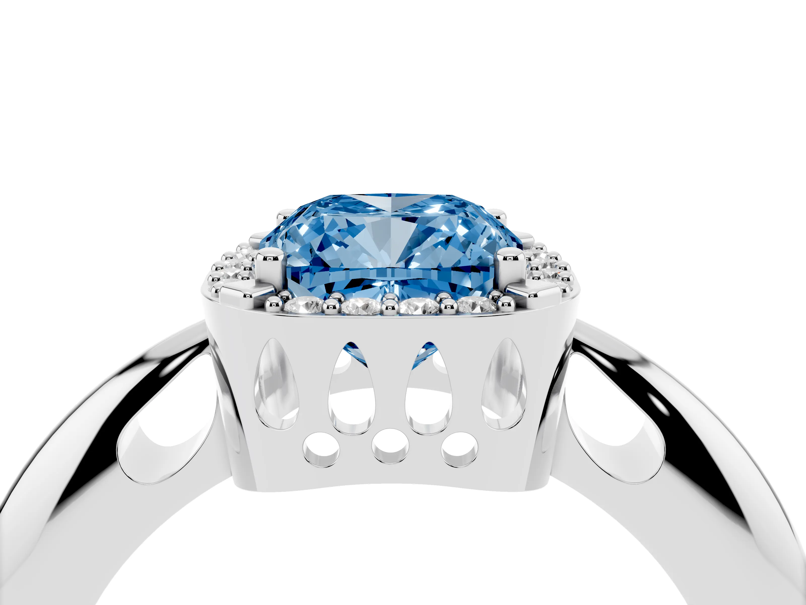 Fancy Blue Cushion Cut Diamond Halo Engagement Ring Set in Platinum with Plain Split Shank and Prong Setting