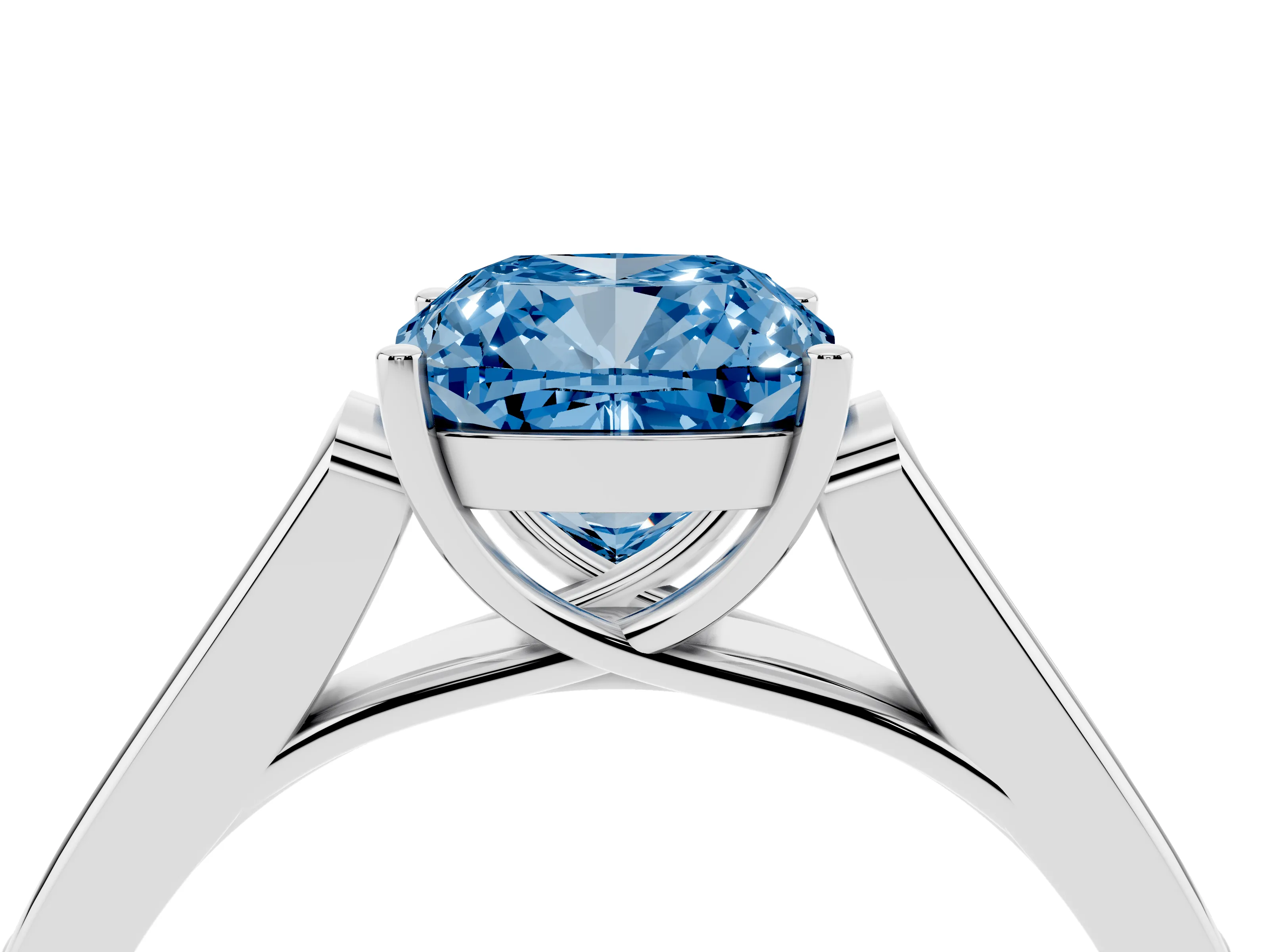 Fancy Blue Cushion Cut Diamond Solitaire Cathedral Engagement Ring Set in White gold with Channel-Set Band and Prong Setting