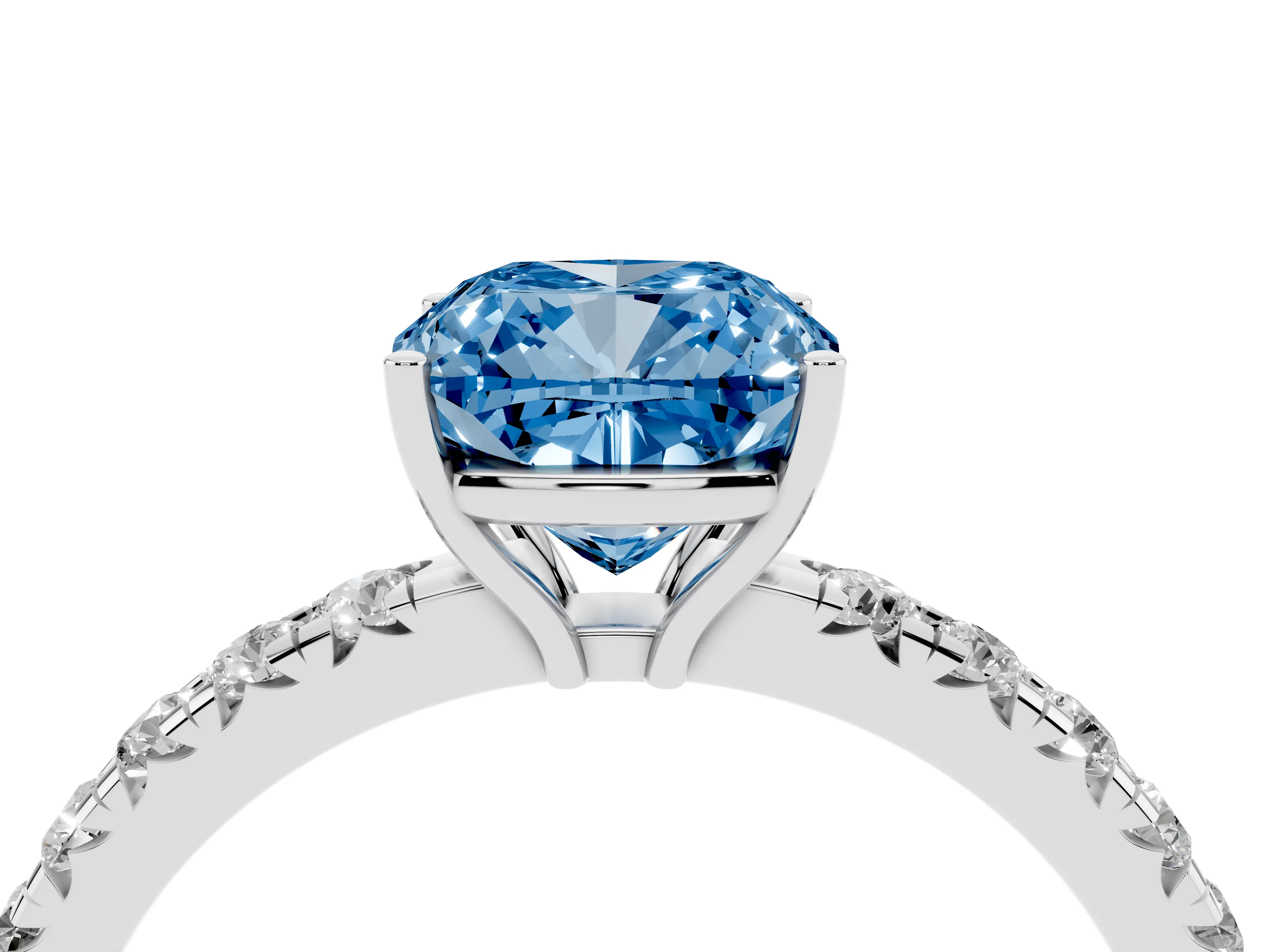 Fancy Blue Cushion Cut Diamond Pavé Solitaire Engagement Ring Set in Platinum with Prong Setting