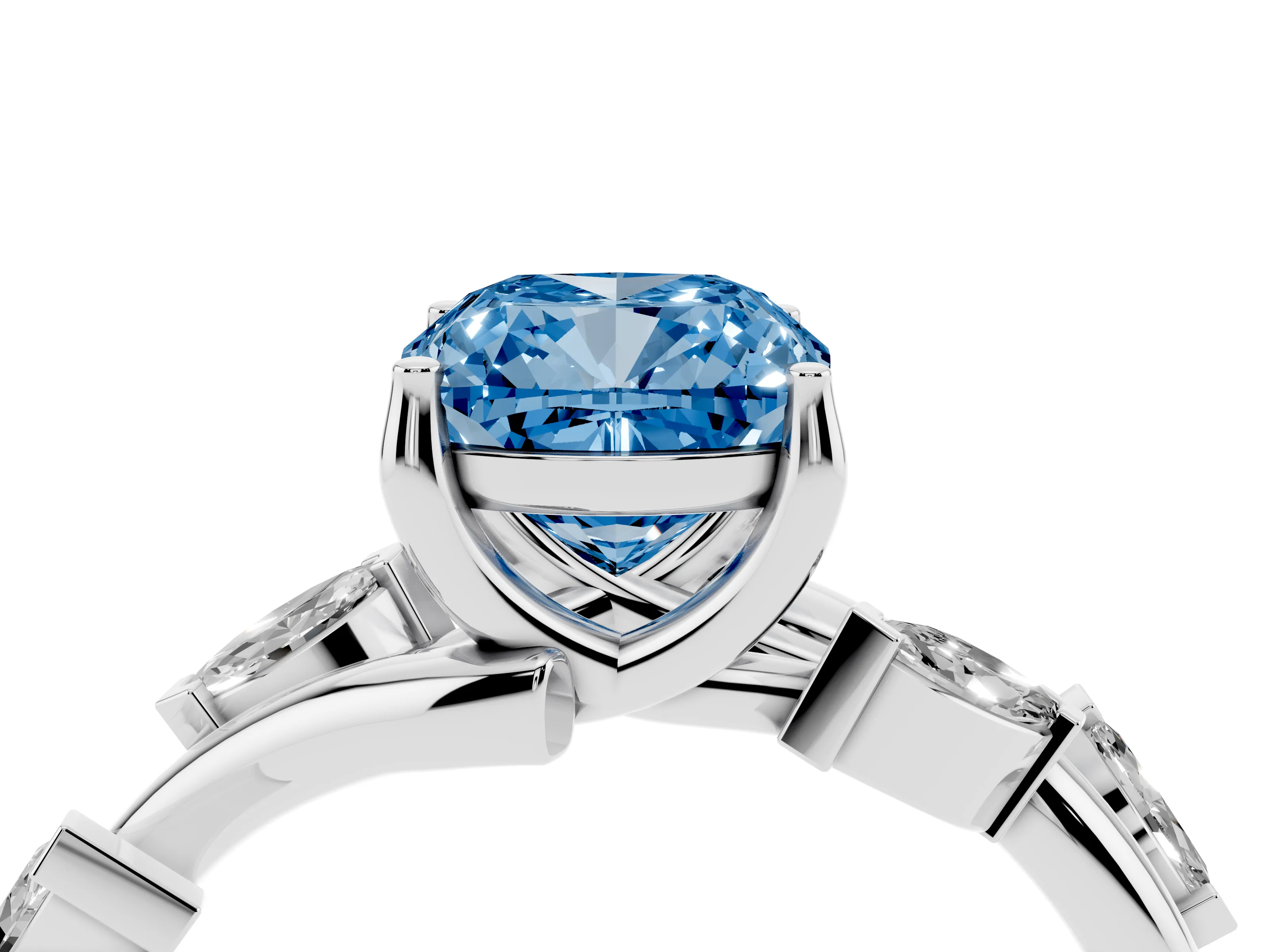 Fancy Blue Cushion Cut Diamond Solitaire Ring Set in White gold with Twisted Marquise Accent Band