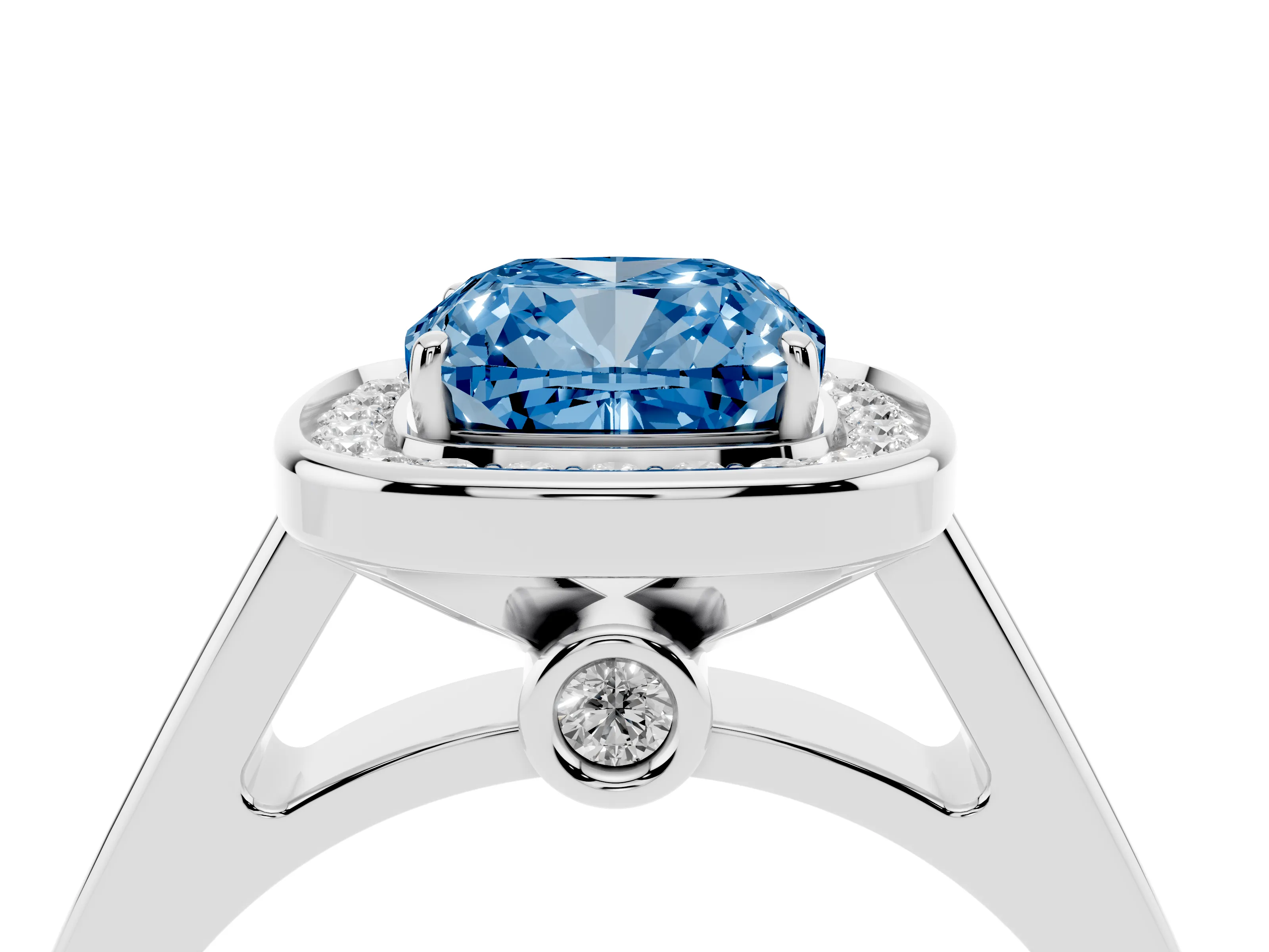 Fancy Blue Cushion Cut Diamond Halo Solitaire Ring Set in Silver with Pavé Band and Bezel Setting