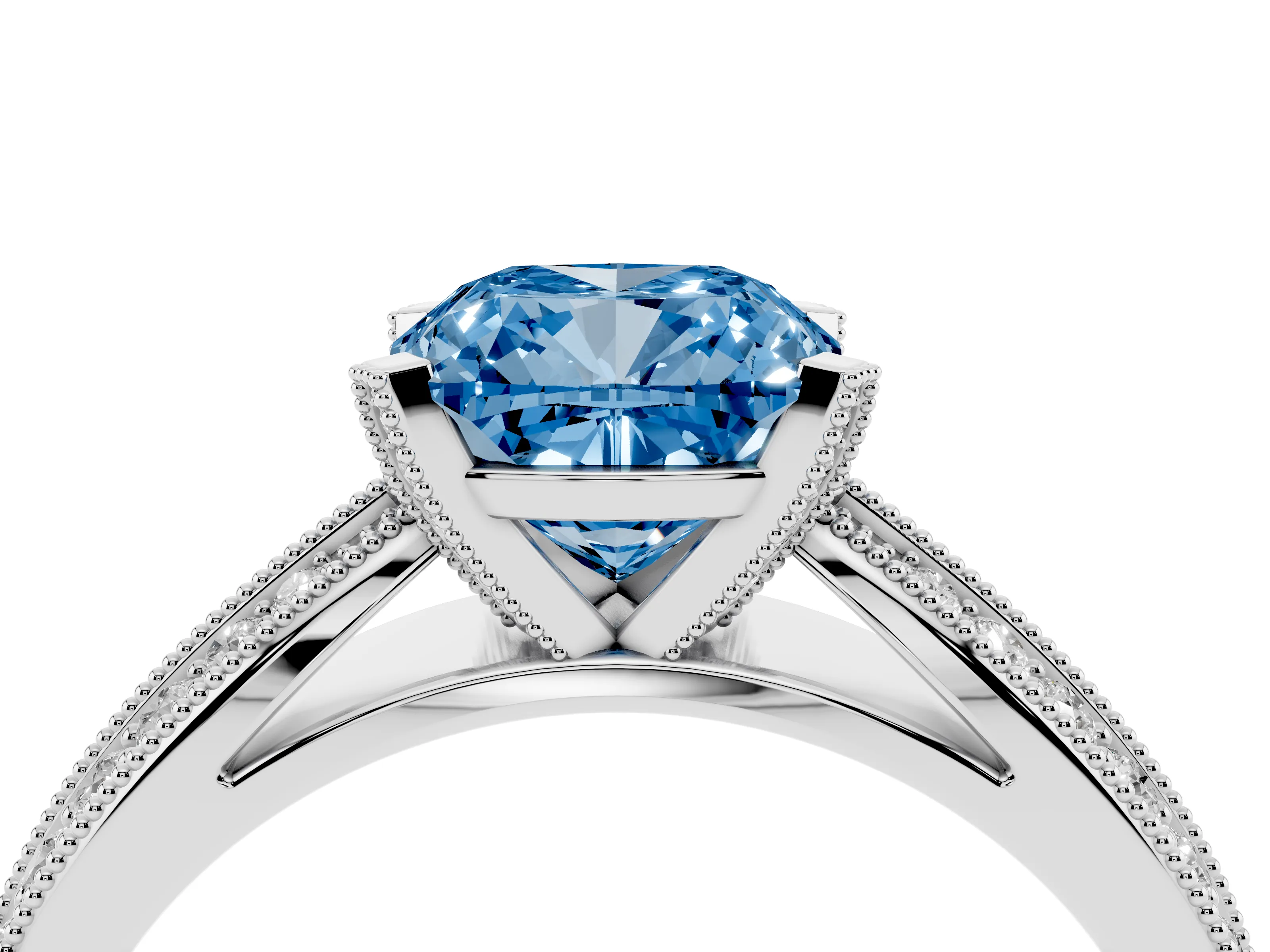 Fancy Blue Cushion Cut Diamond Solitaire Ring Set in White gold with Milgrain Double Row Round Pavé Band
