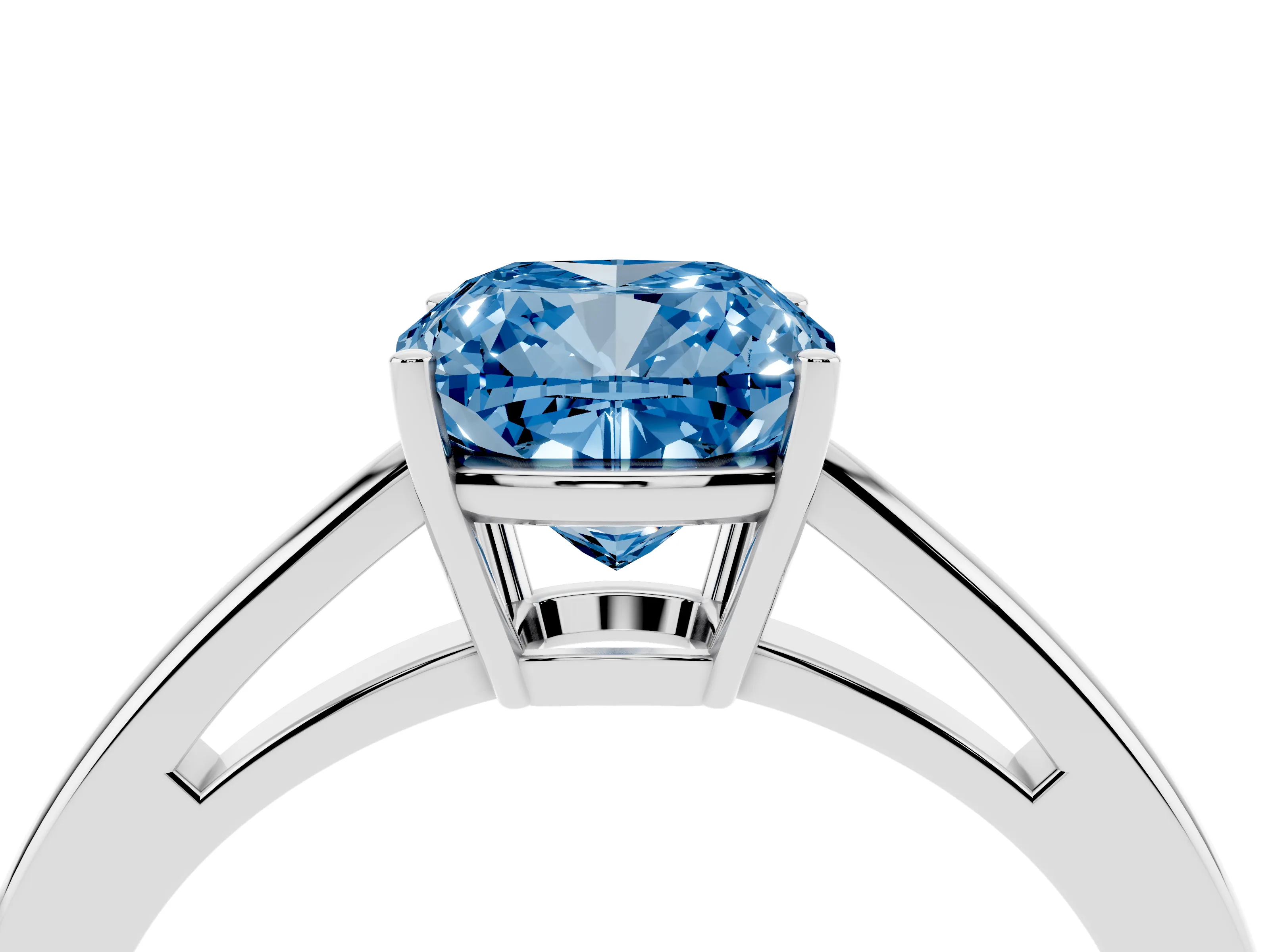 Fancy Blue Cushion Cut Diamond Solitaire Ring Set in Silver with Split Shank and Prong Setting