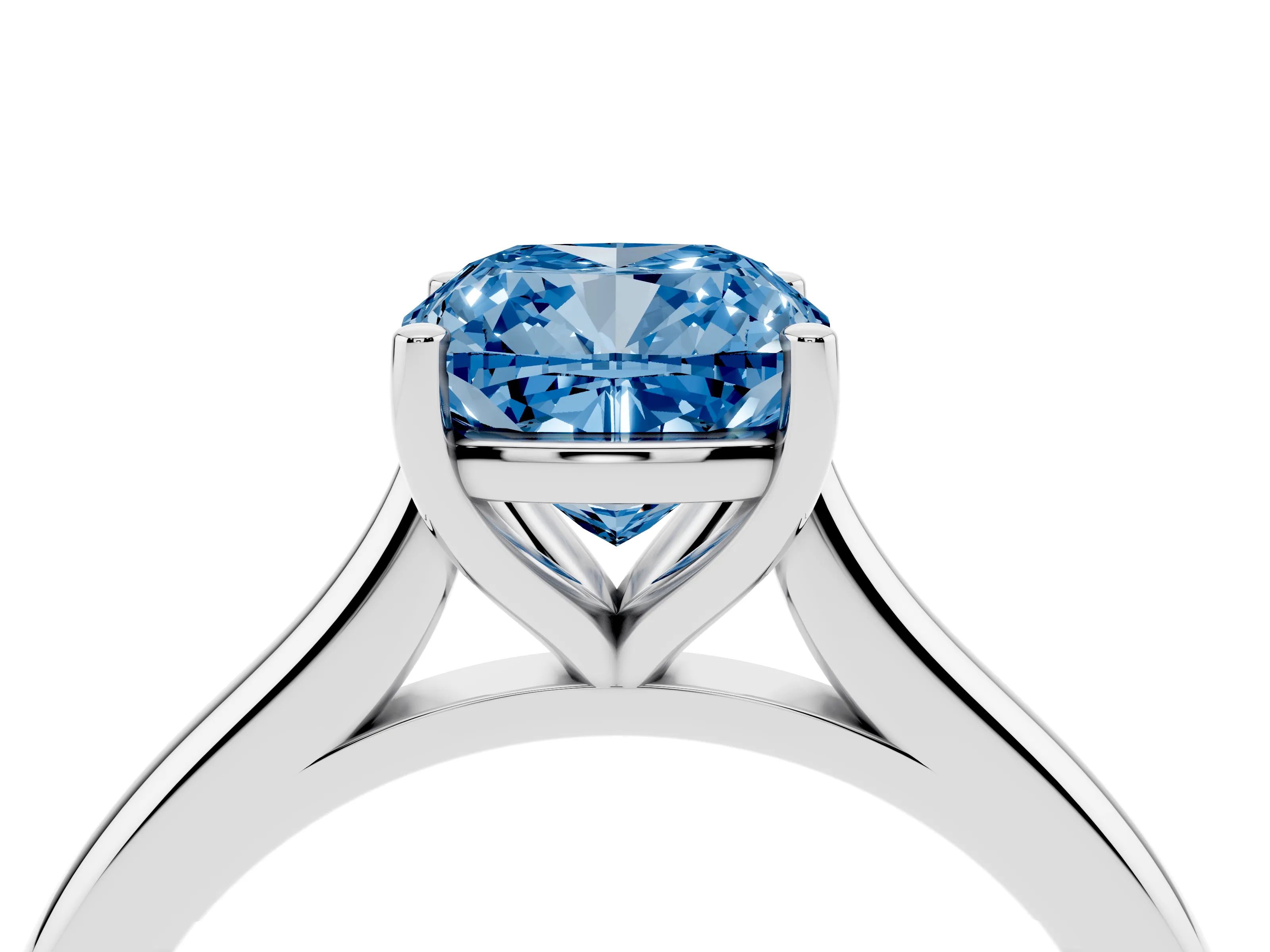 Fancy Blue Cushion Cut Diamond Solitaire Ring Set in Silver with Cathedral Band and Prong Setting