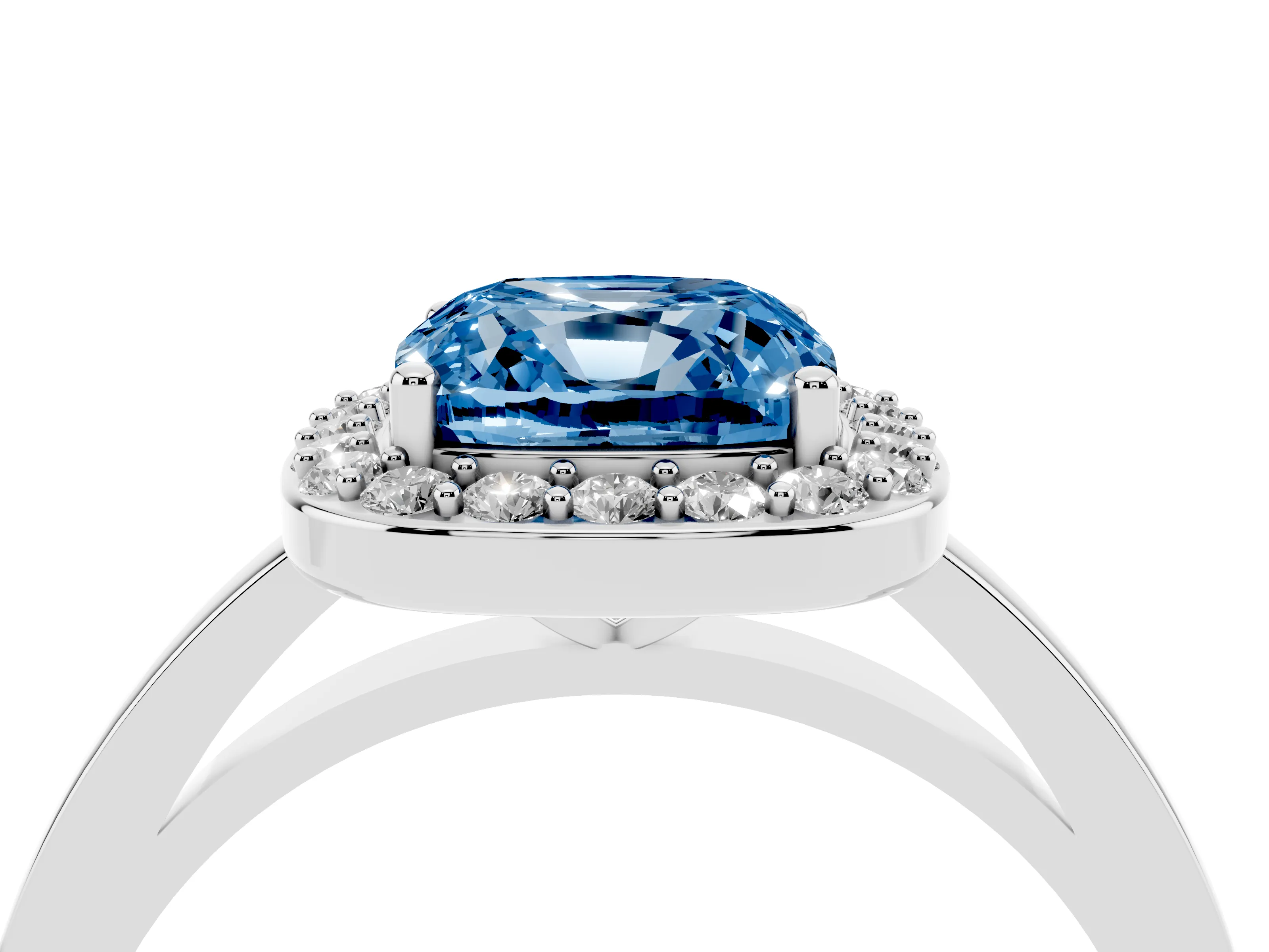 Fancy Blue Cushion Cut Diamond Halo Ring Set in Platinum with Solitaire Band and Prong Setting