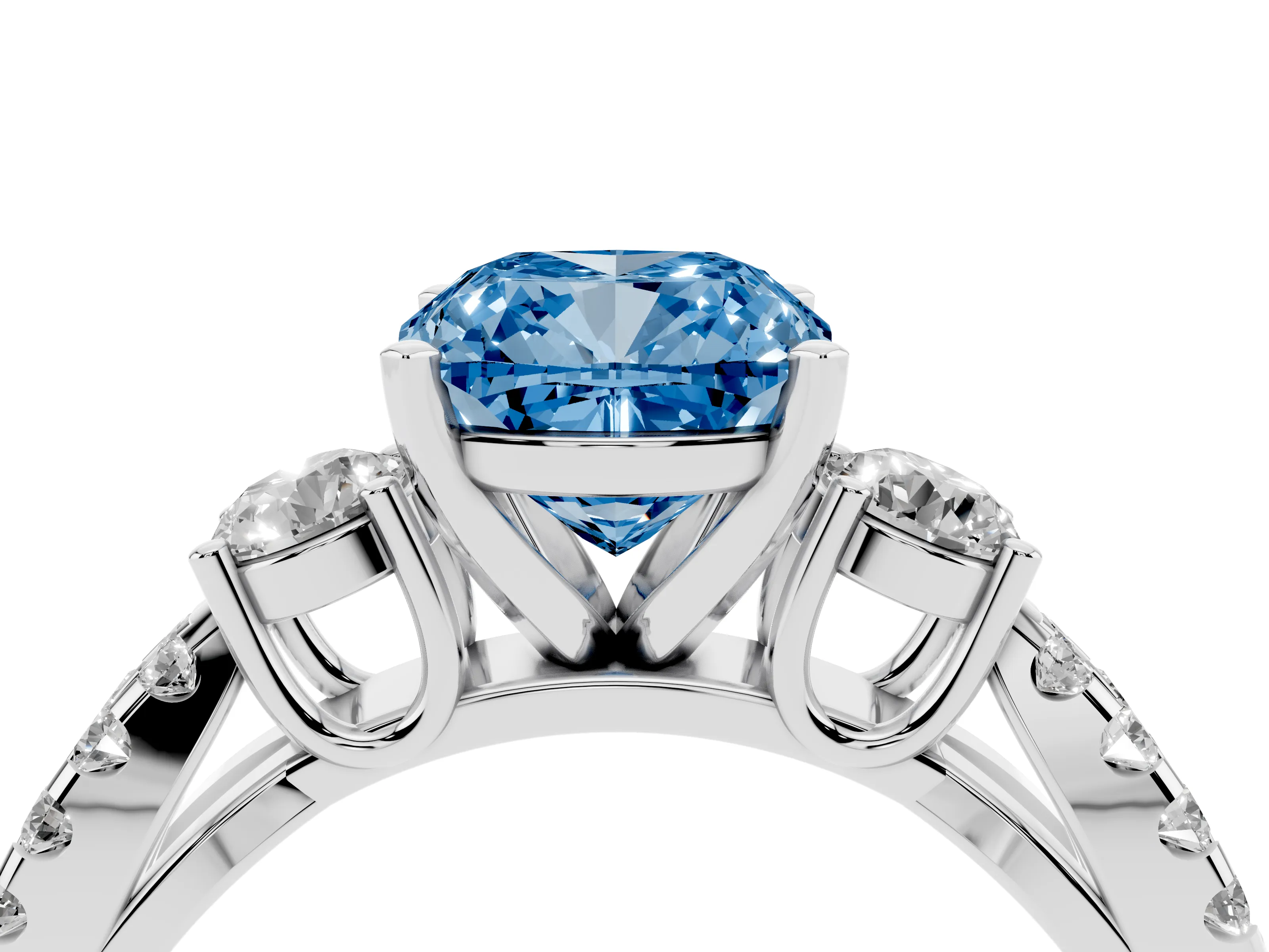 Fancy Blue Cushion Cut Diamond Three-Stone Ring Set in Platinum with Pavé Split Shank and Prong Setting