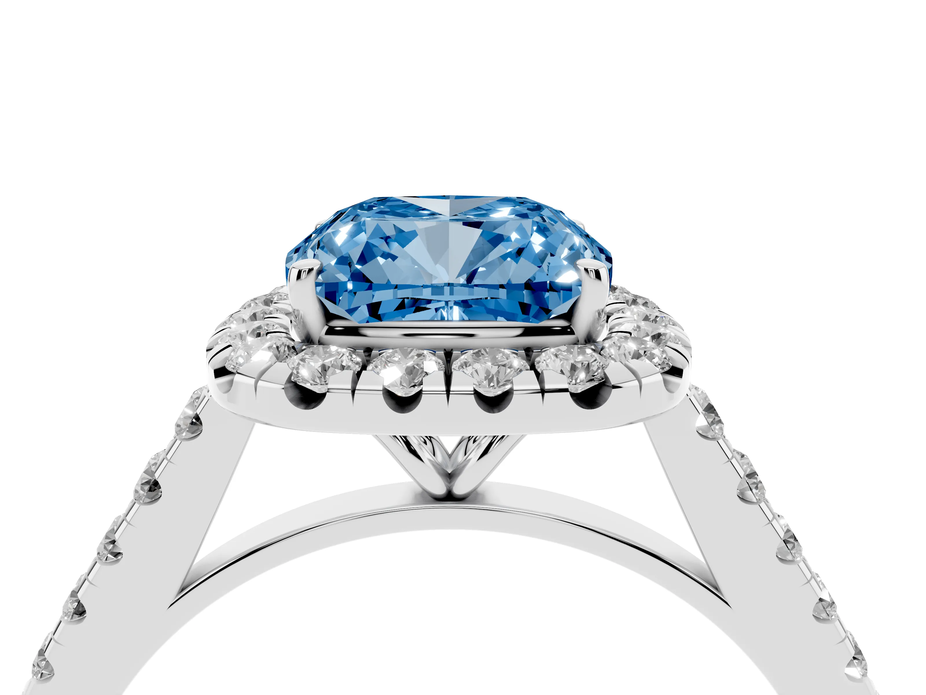 Fancy Blue Cushion Cut Diamond Halo Pavé Engagement Ring Set in White gold with Prong Setting
