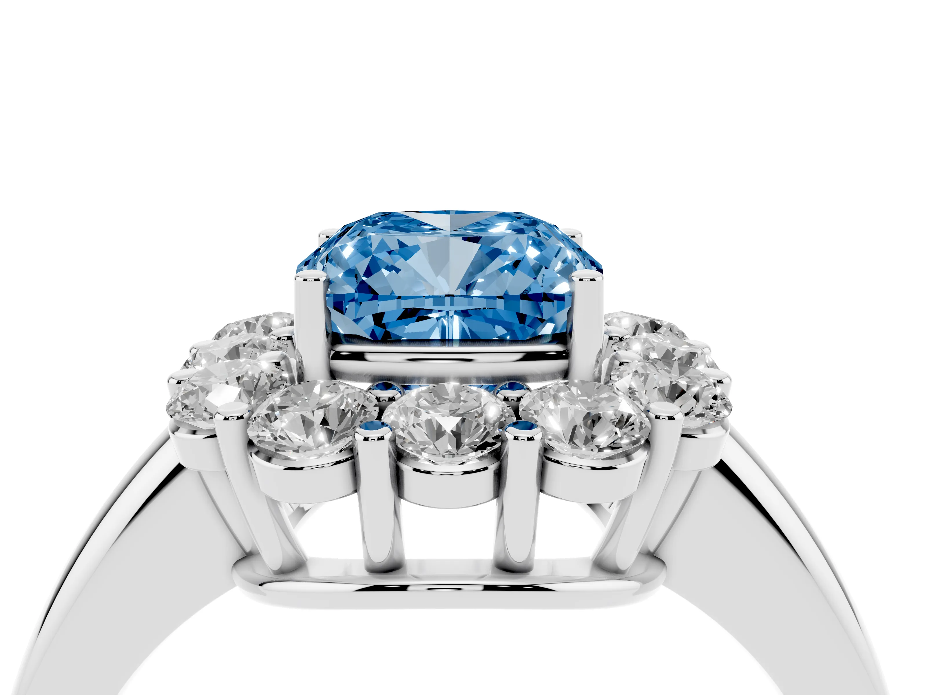 Fancy Blue Cushion Cut Diamond Halo Cluster Engagement Ring Set in Silver with Polished Band and Prong Setting