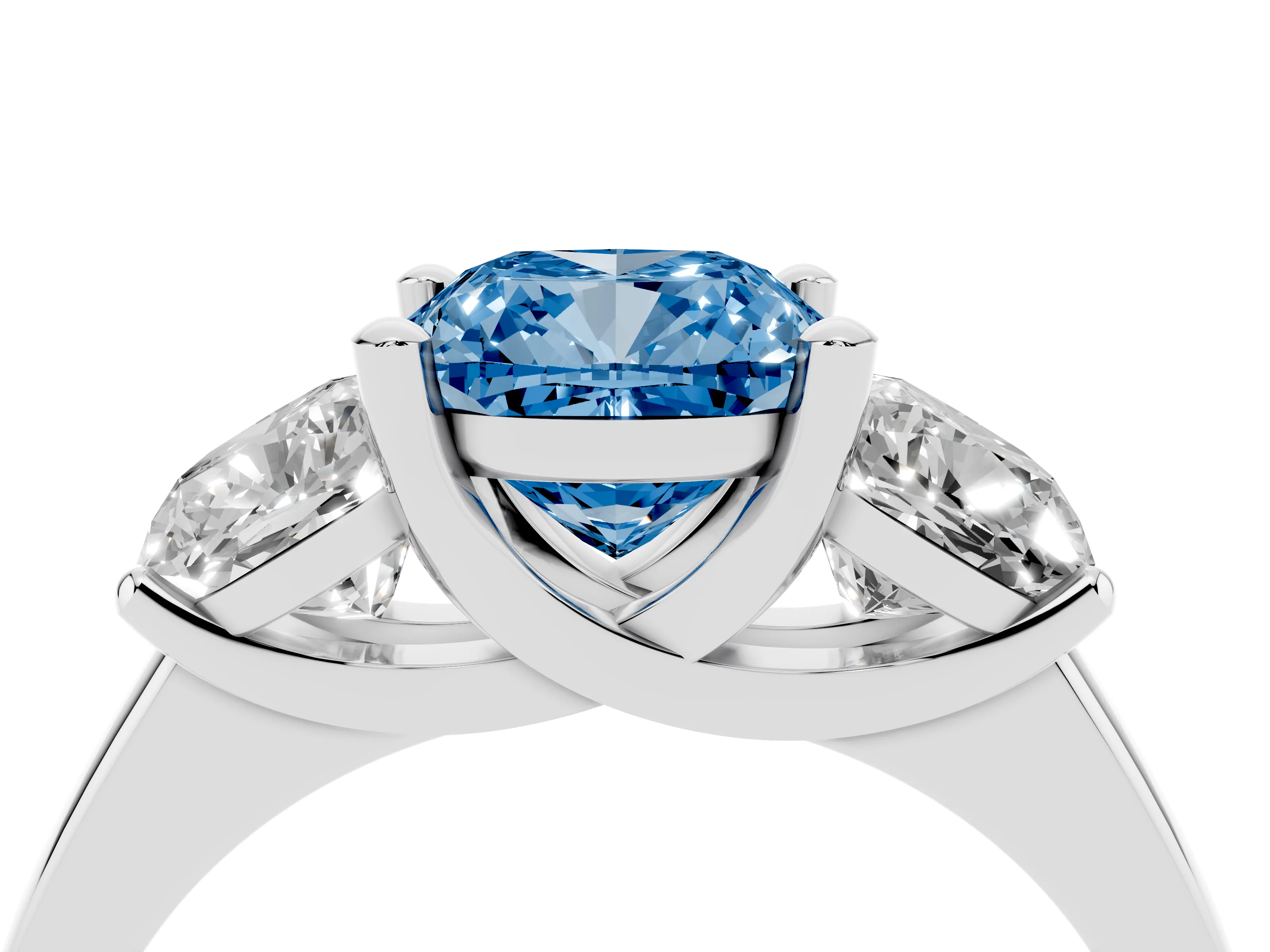 Fancy Blue Cushion Cut Diamond Three-Stone Ring Set in White gold with Classic Prong Setting and Plain Band