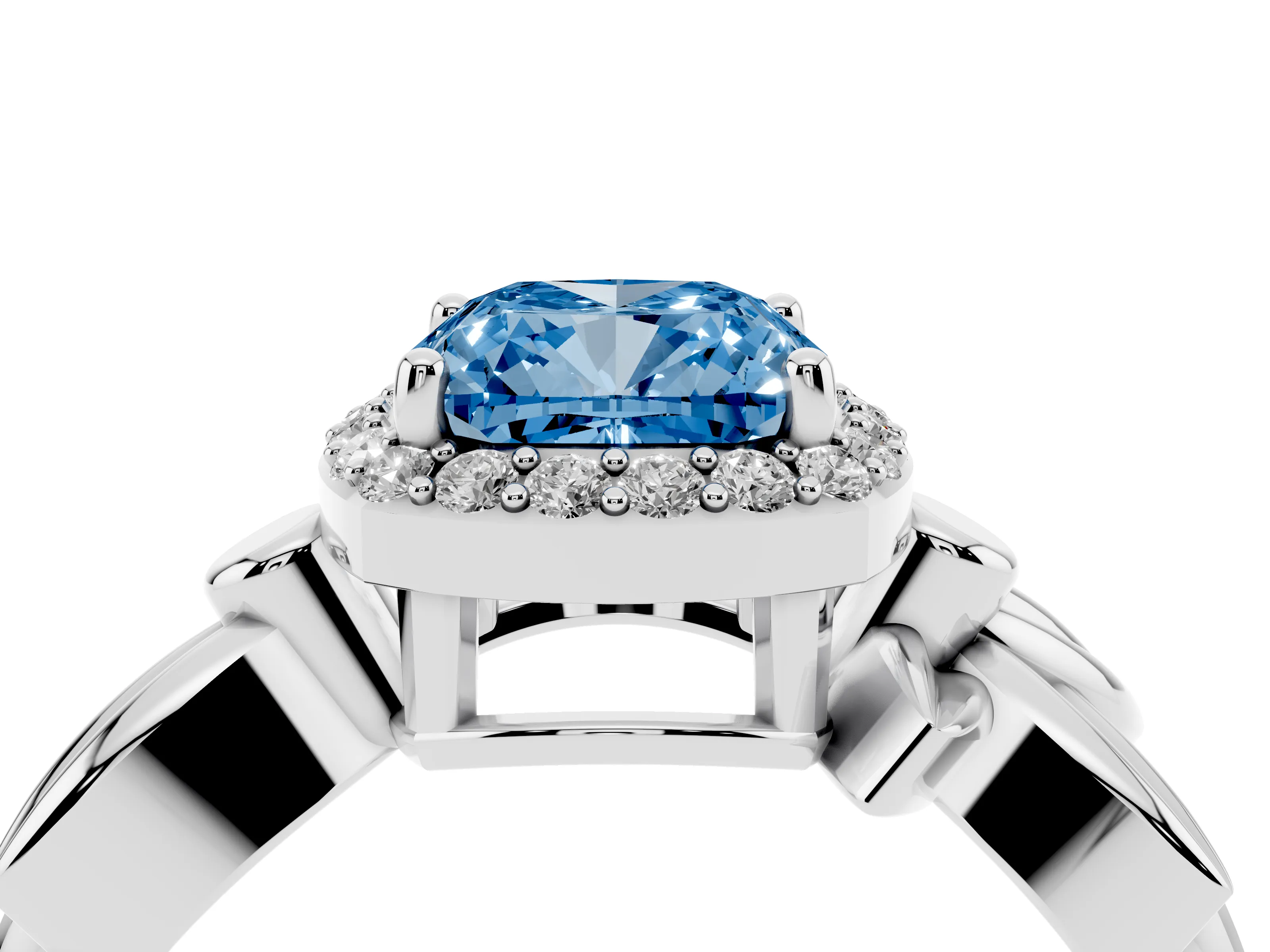 Fancy Blue Cushion Cut Diamond Halo Floral Band Ring Set in White gold with Prong Setting