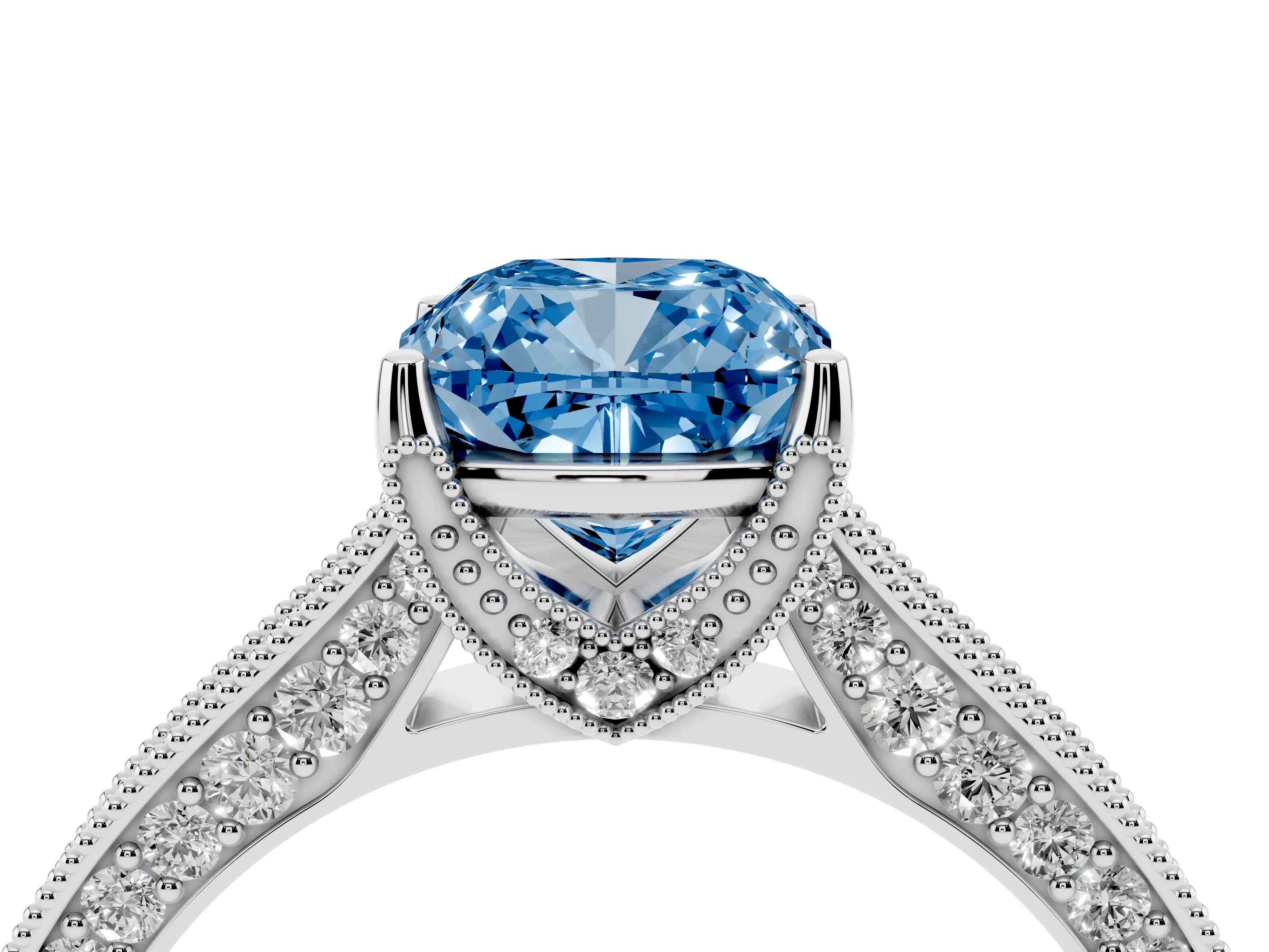 Fancy Blue Cushion Cut Diamond Solitaire Ring Set in Silver with Milgrain-Edged Pavé Band and Prong Setting
