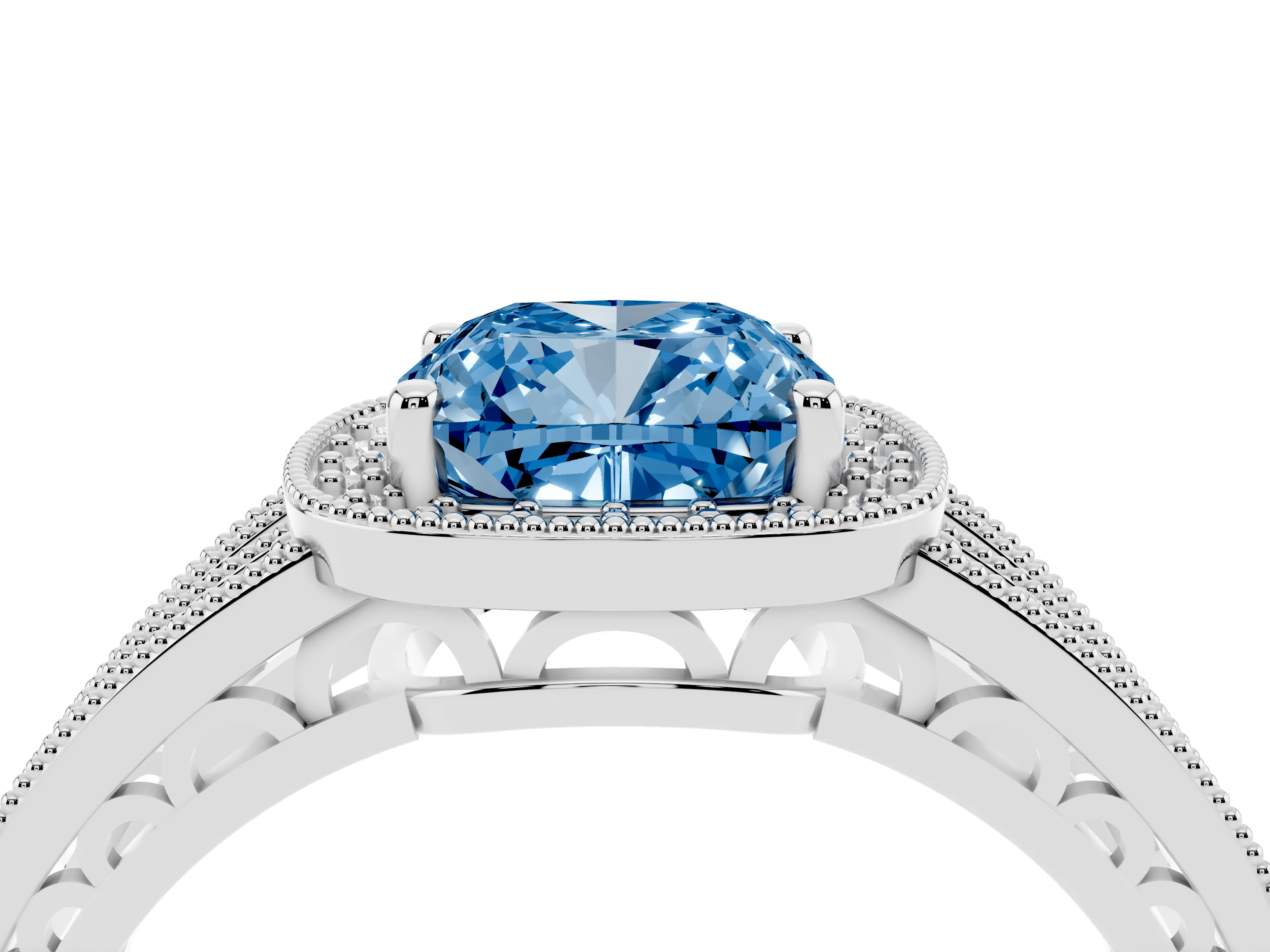 Fancy Blue Cushion Cut Diamond Halo Ring Set in Platinum with Accent Split Shank and Prong Setting