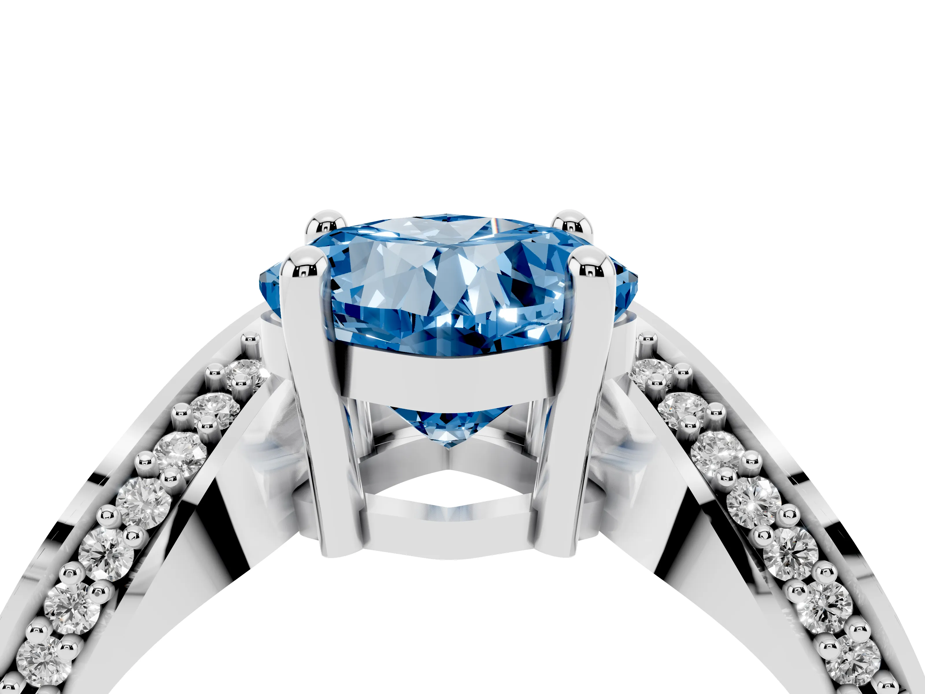 Fancy Blue Cushion Cut Diamond Solitaire Engagement Ring Set in White gold with Pavé Shoulders