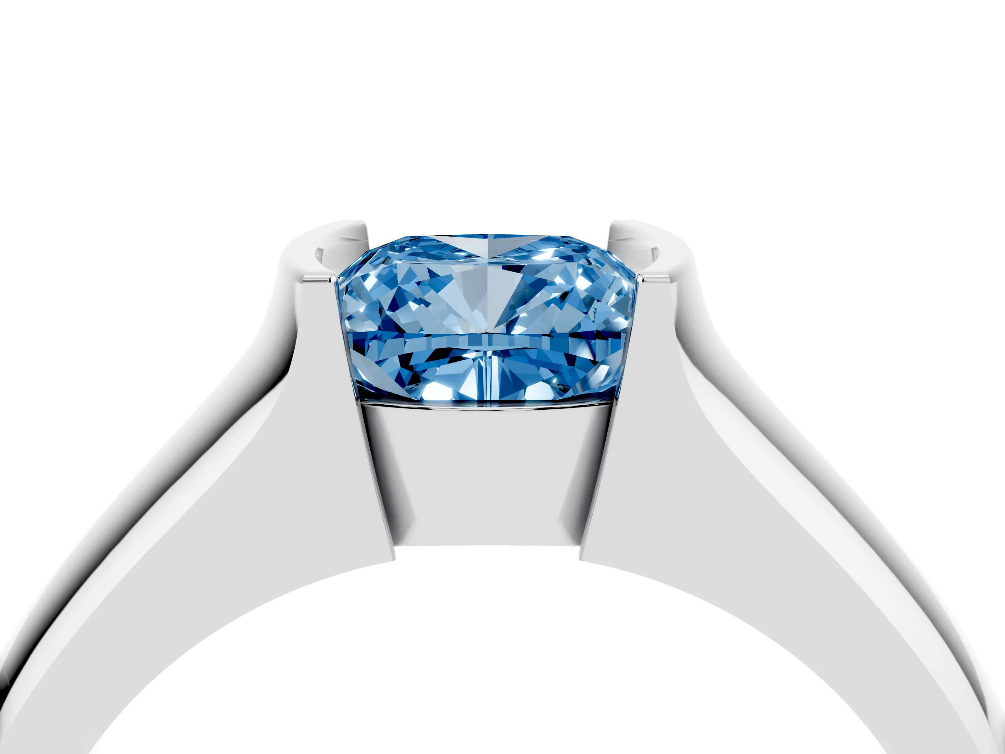 Fancy Blue Cushion Cut Diamond Bezel Solitaire Ring Set in White gold with Wide Band