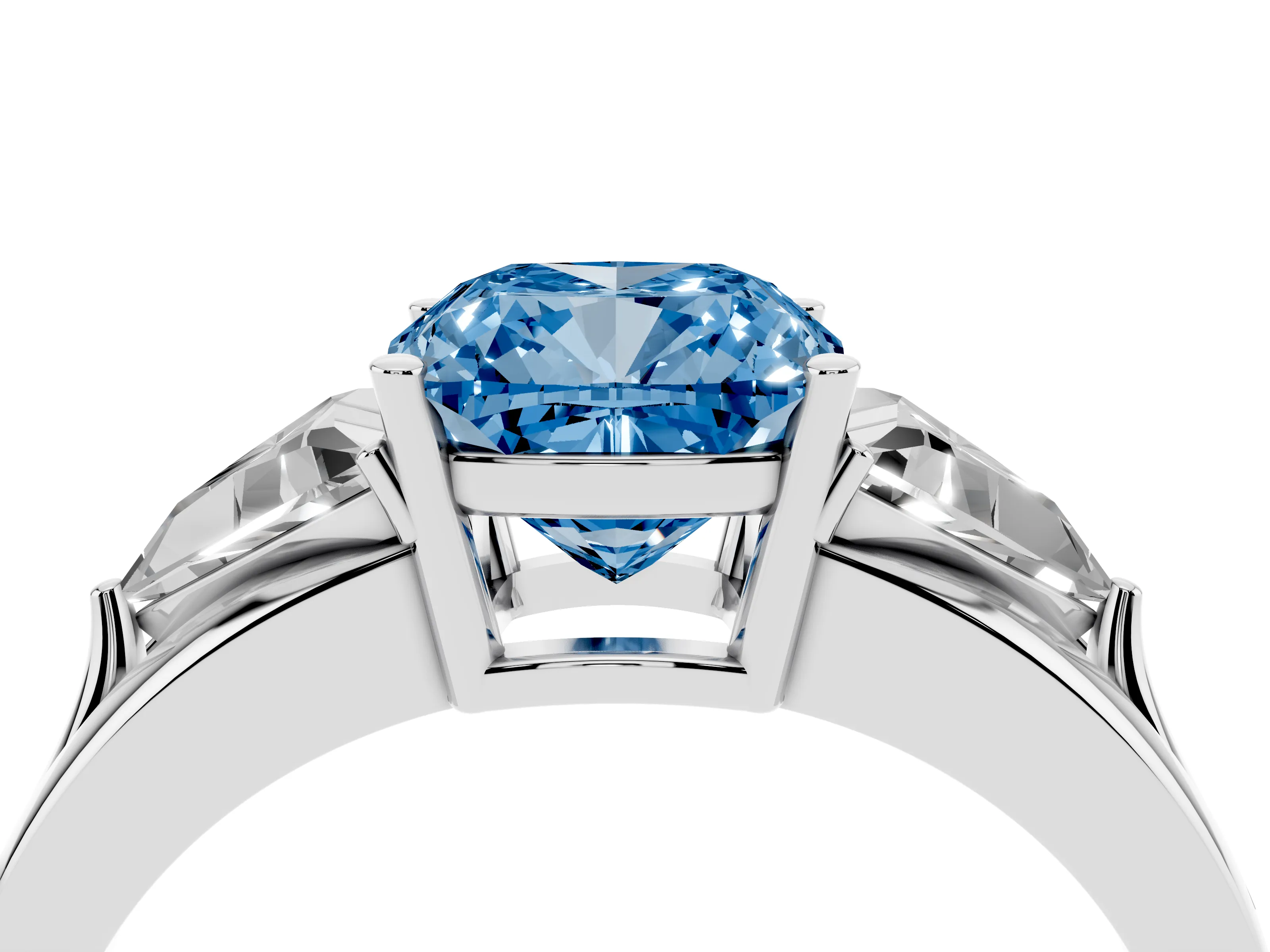 Fancy Blue Cushion Cut Diamond Three-Stone Ring Set in Platinum with Trillion Side Stones and Split Shank
