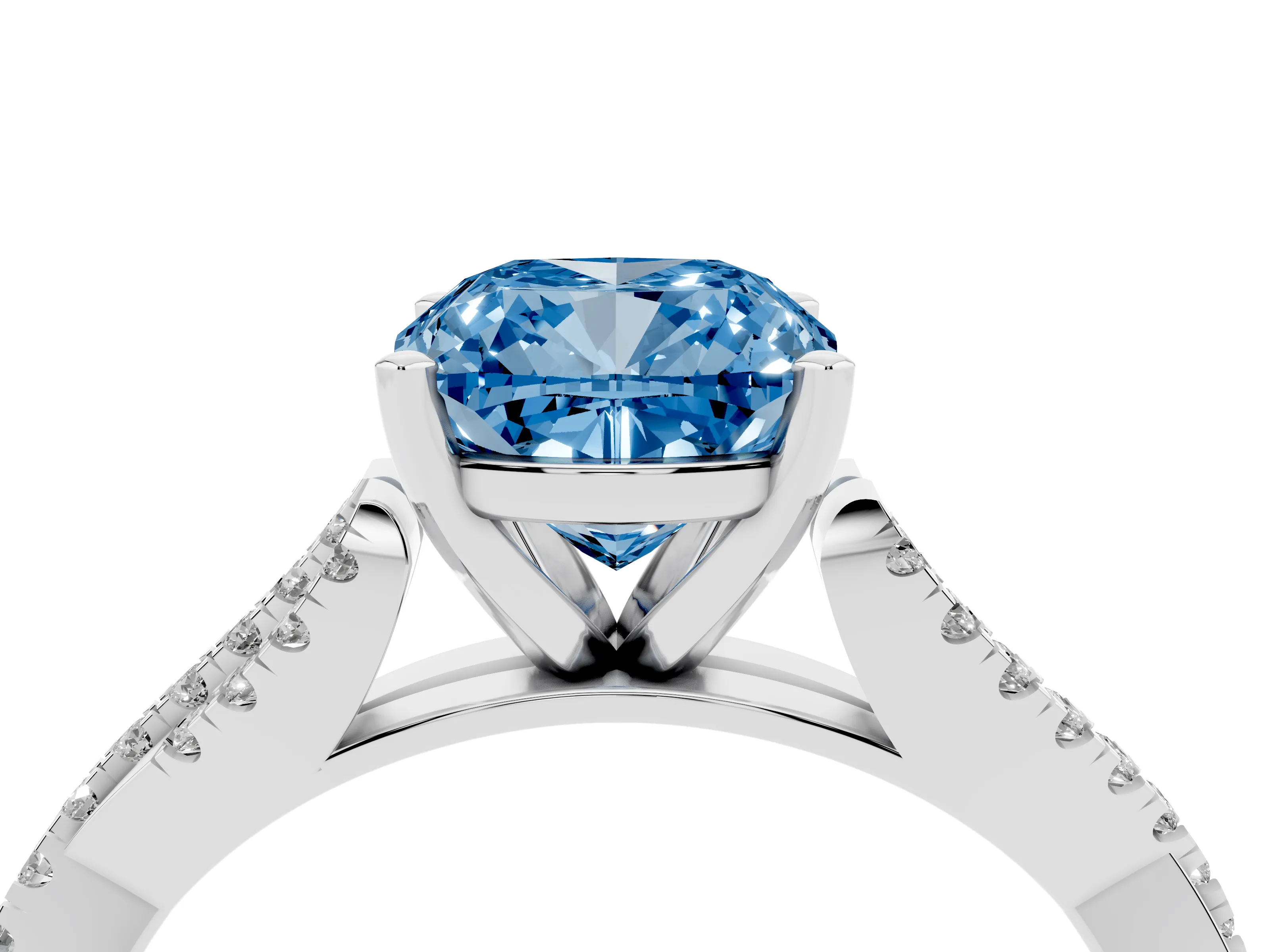 Fancy Blue Cushion Cut Diamond Solitaire Engagement Ring Set in Silver with Twisted Pavé Band and Prong Setting