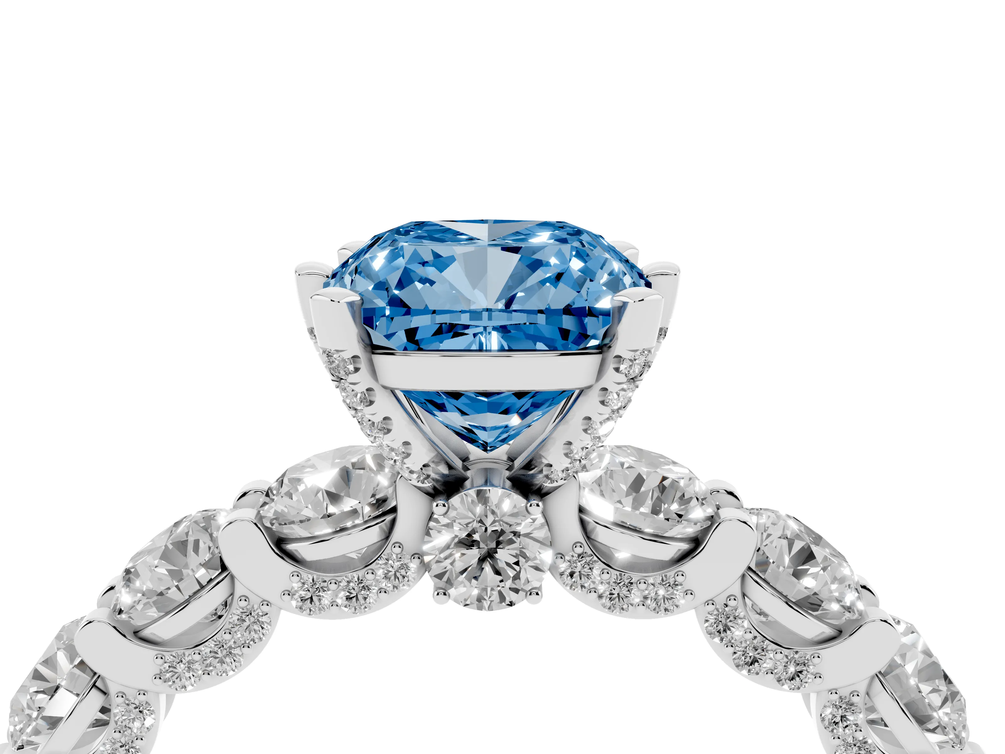 Fancy Blue Cushion Cut Diamond Side Stone Ring Set in Platinum with Alternating Round and Oval Side Stones