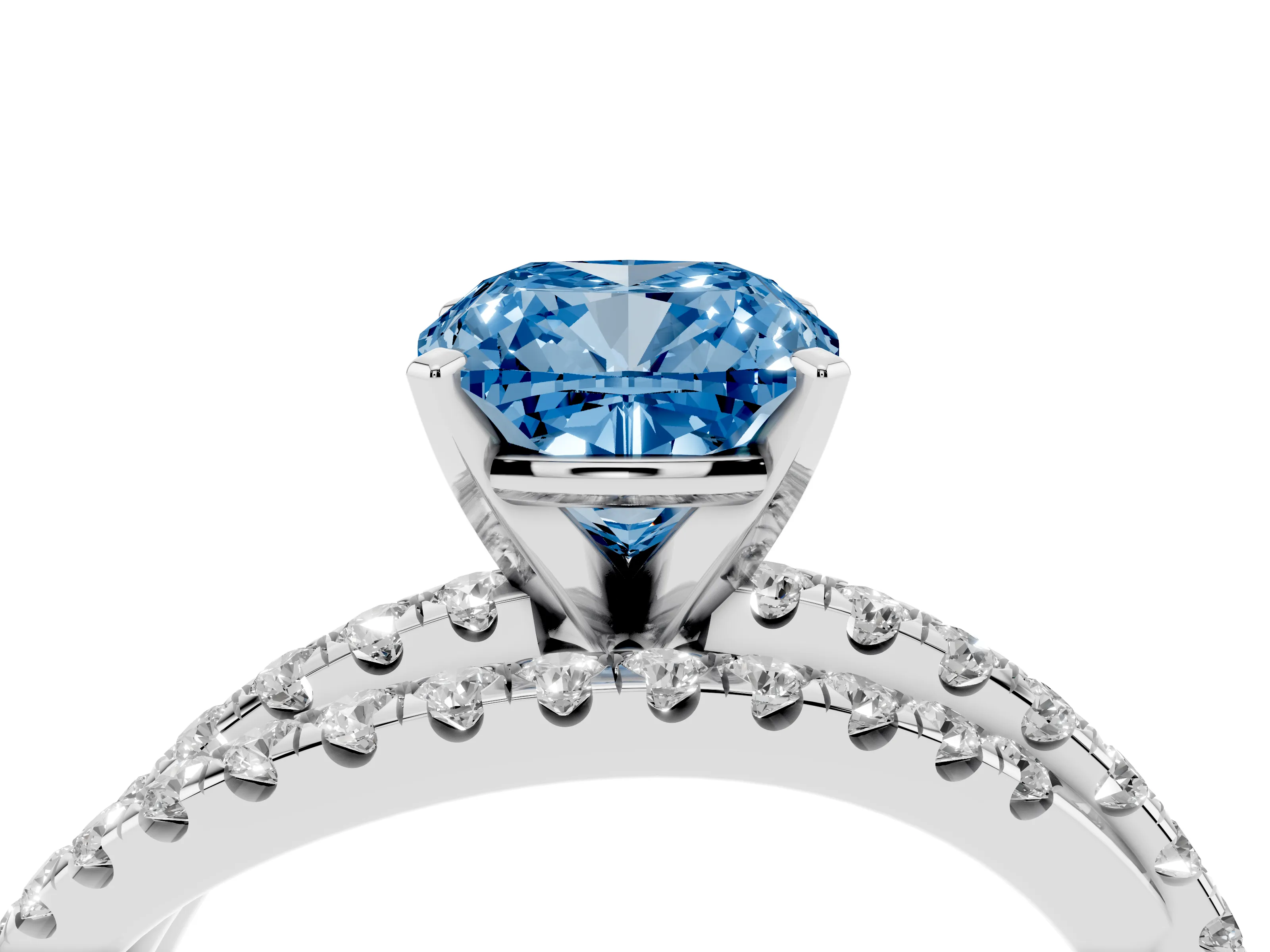 Fancy Blue Cushion Cut Diamond Solitaire Twist Band Ring Set in Silver with Pavé Setting and Prong Head