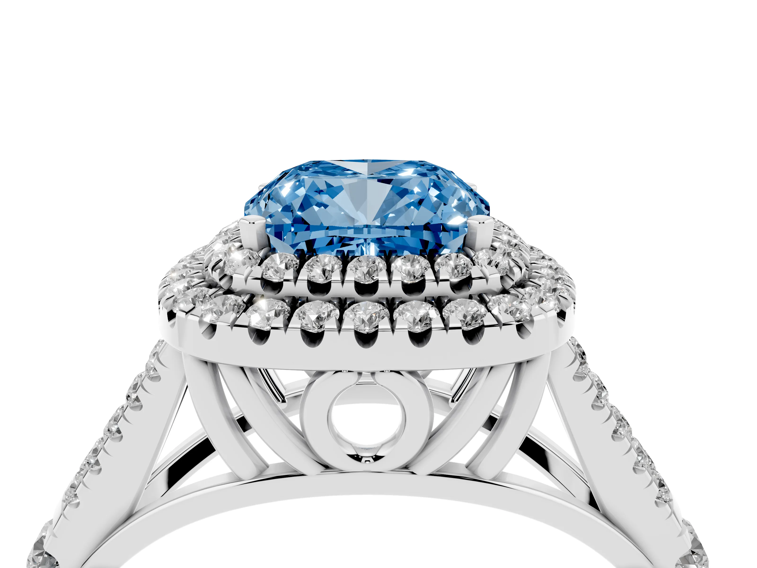 Fancy Blue Cushion Cut Diamond Pavé Split Shank Double Halo Engagement Ring Set in Silver