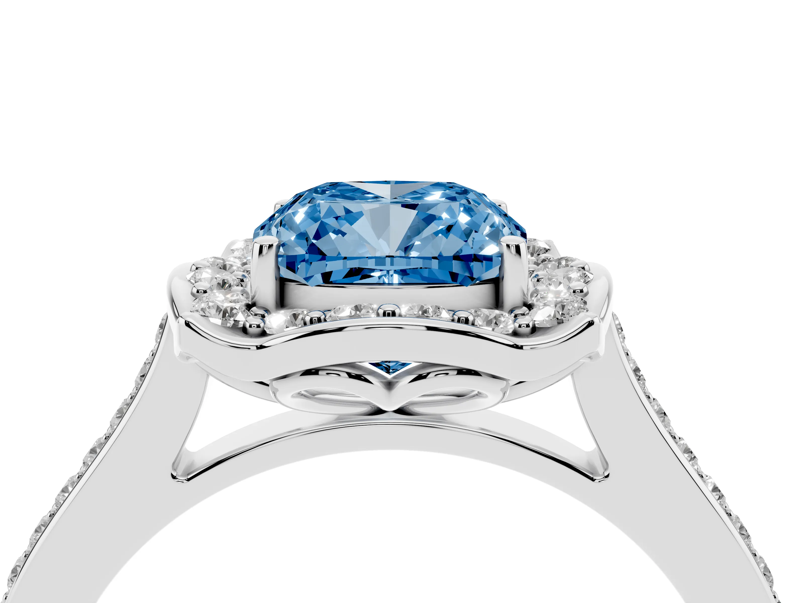 Fancy Blue Cushion Cut Diamond Halo Ring Set in Platinum with Pavé-Lined Shoulders and Prong Setting