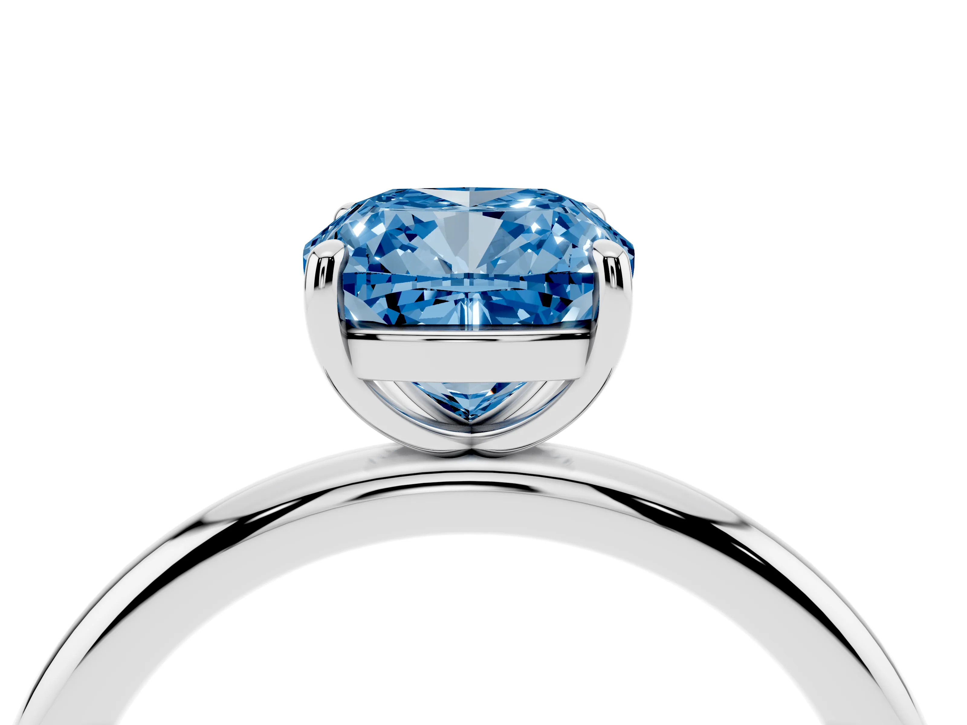 Fancy Blue Cushion Cut Diamond Solitaire Ring Set in Silver with Prong Setting on a Polished Plain Band