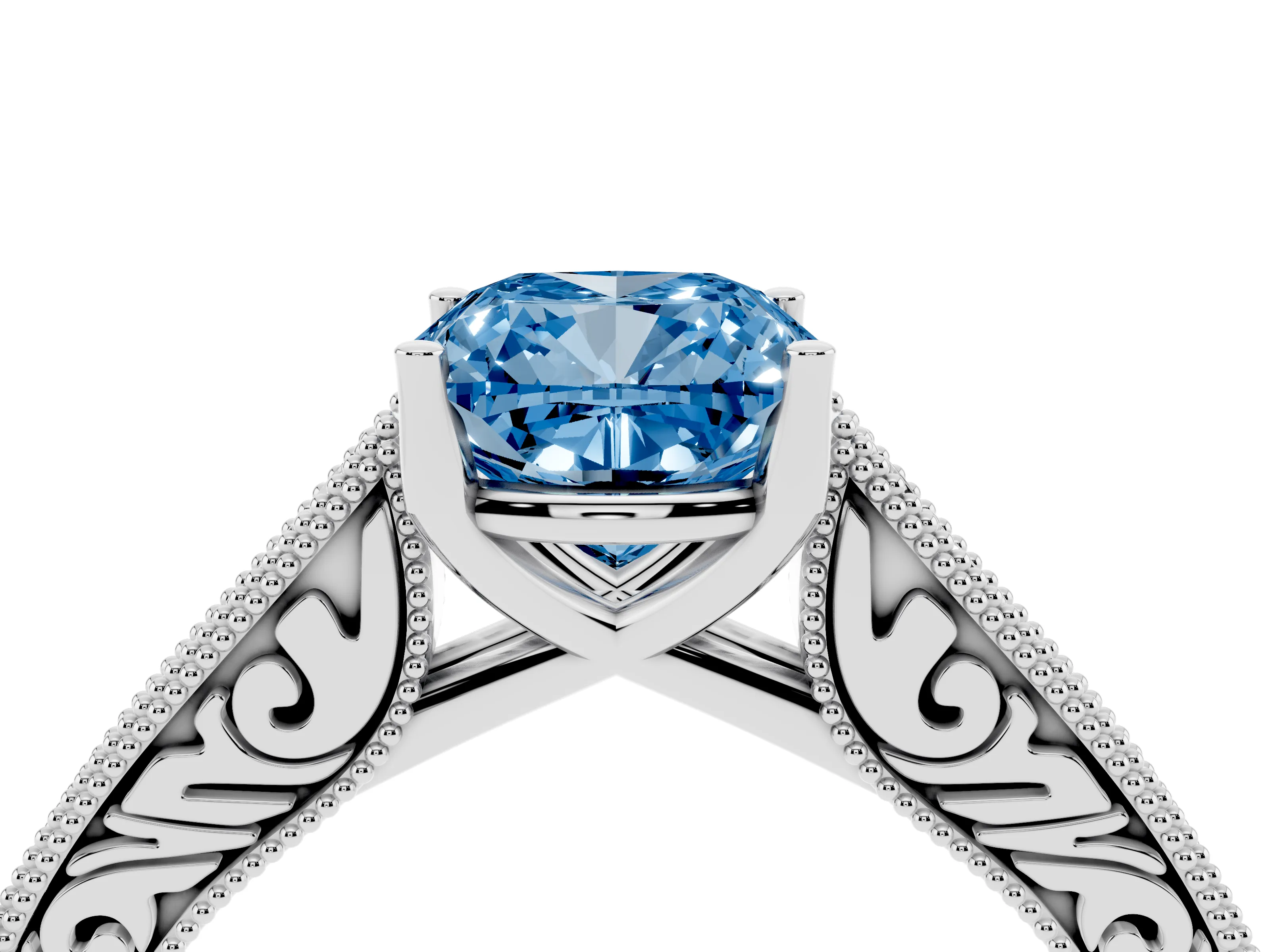 Fancy Blue Cushion Cut Diamond Milgrain Pavé Band Solitaire Ring Set in White gold with Prong Setting