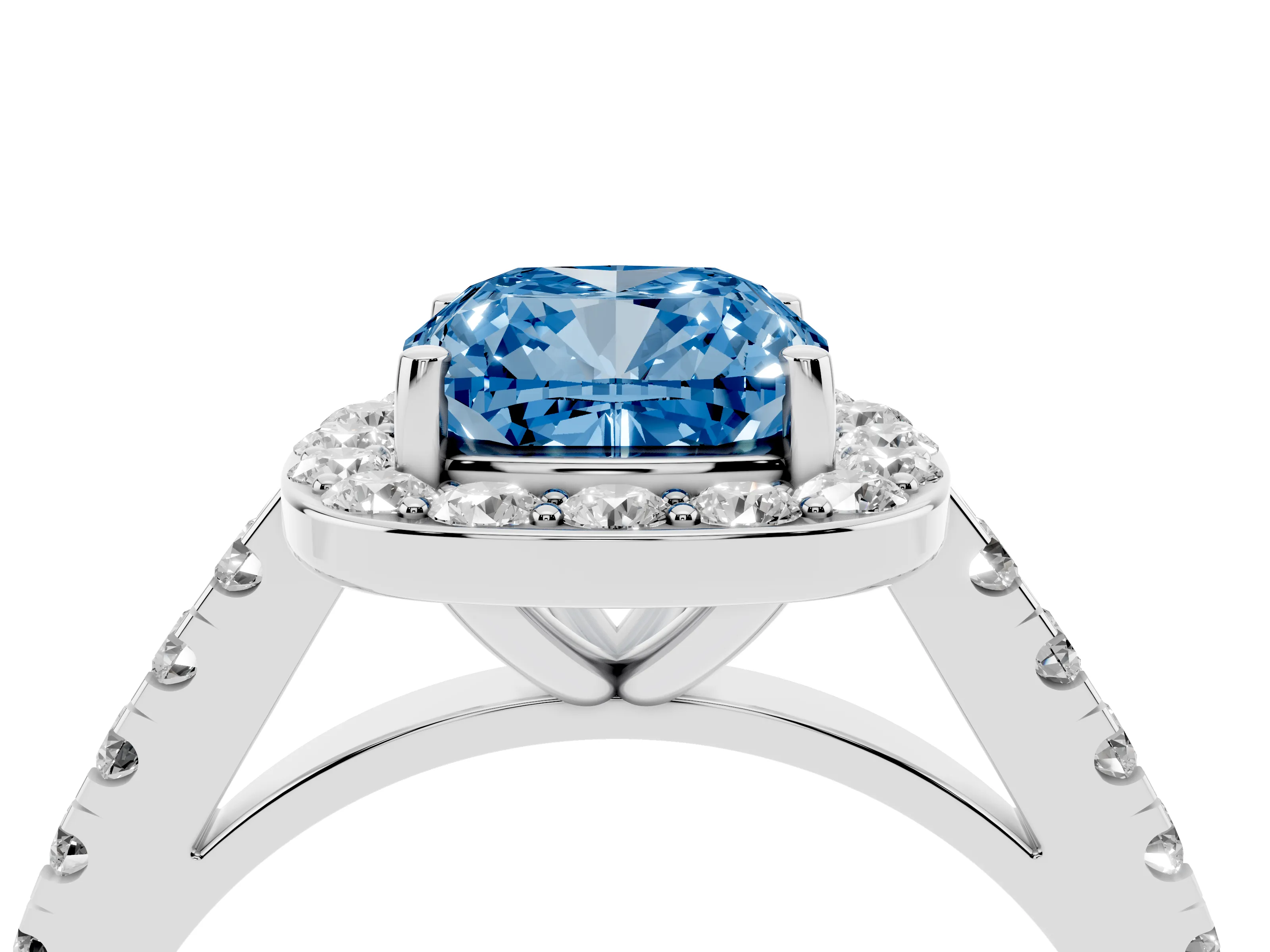 Fancy Blue Cushion Cut Diamond Halo Ring Set in Silver with Round Pavé Split Shank and Prong Setting