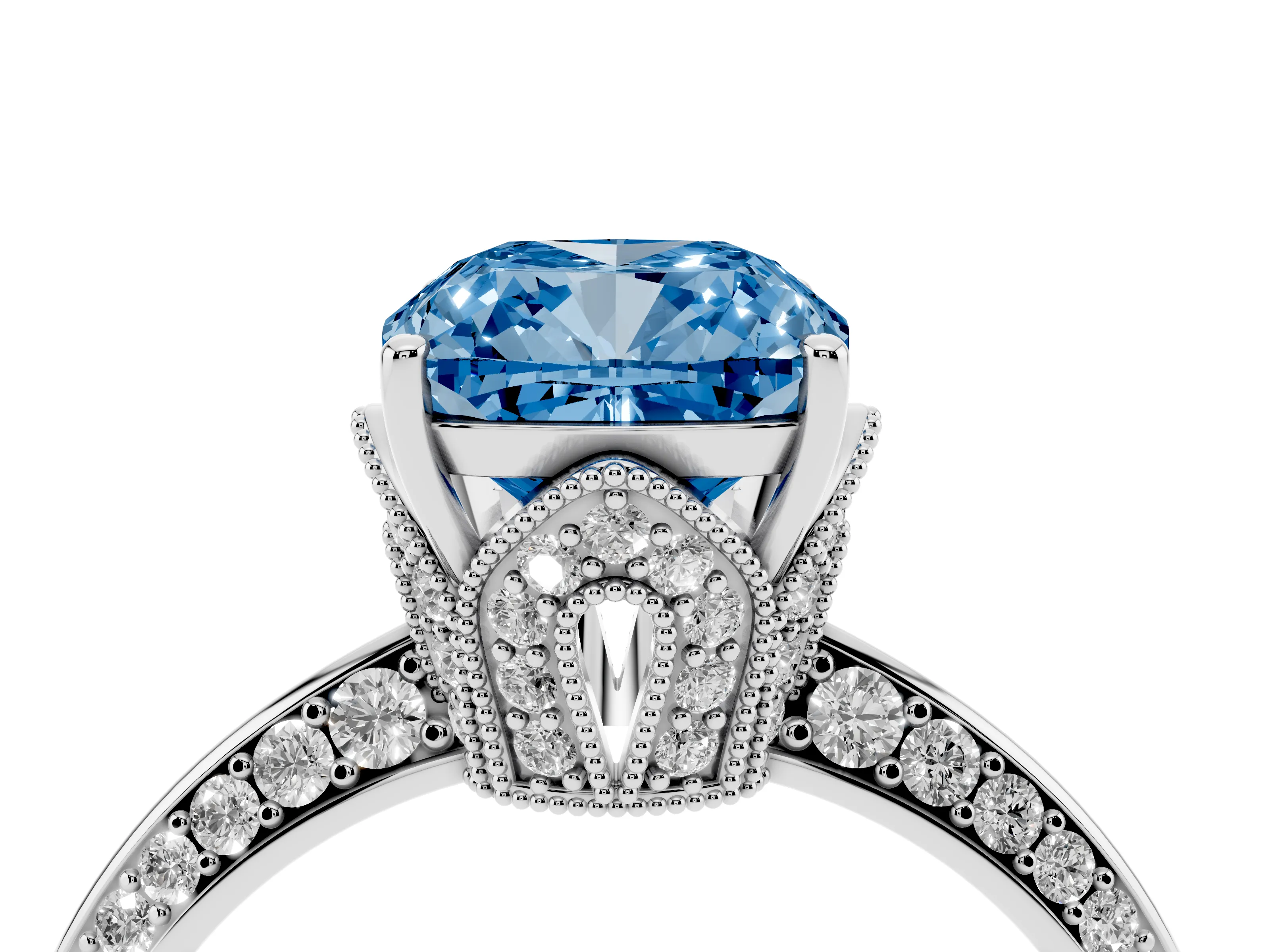 Fancy Blue Cushion Cut Diamond Solitaire Engagement Ring Set in Platinum with Pavé Split Shank and Prong Setting