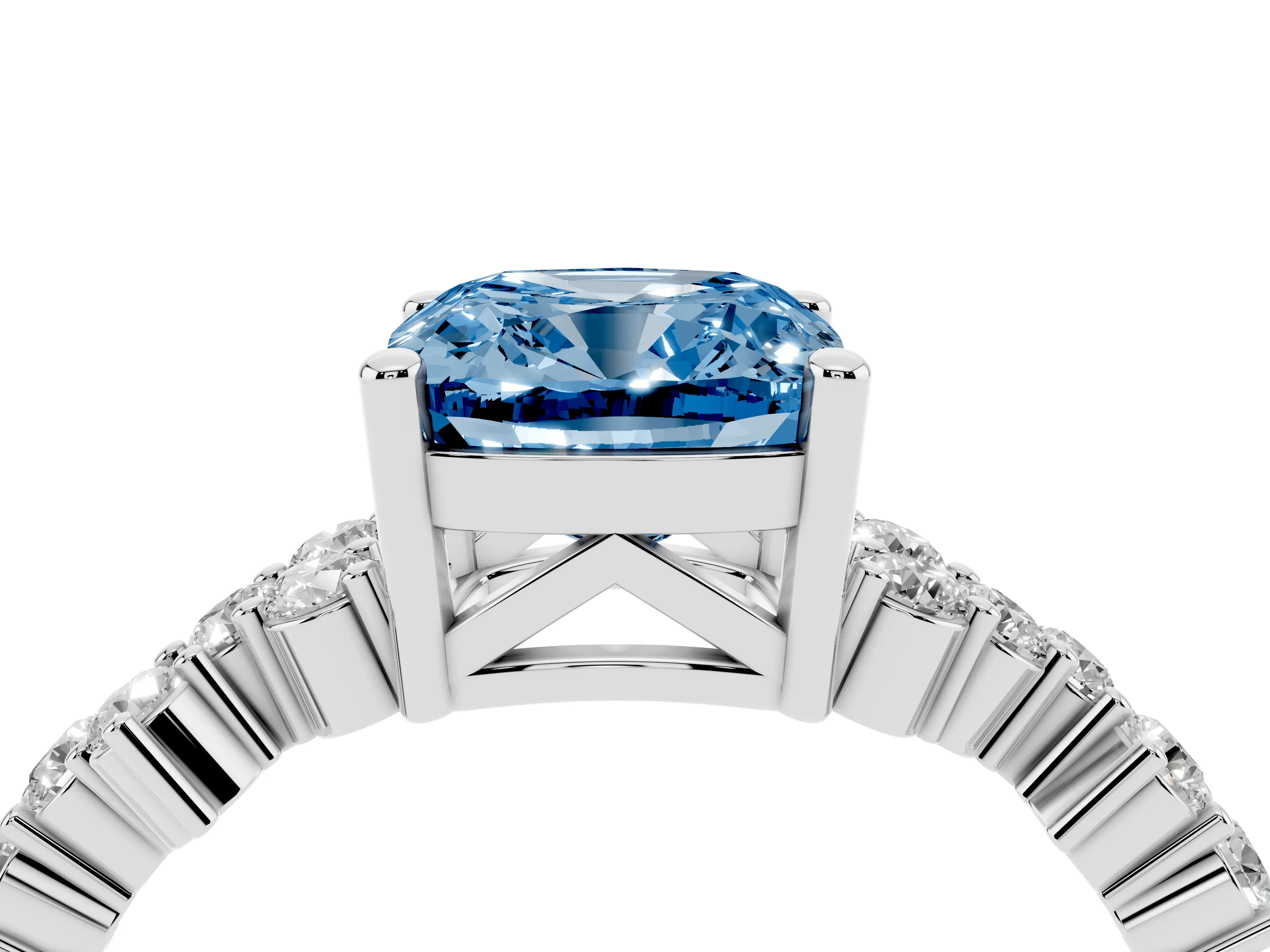 Fancy Blue Cushion Cut Diamond Ring Set in White gold with Scattered Round Accents