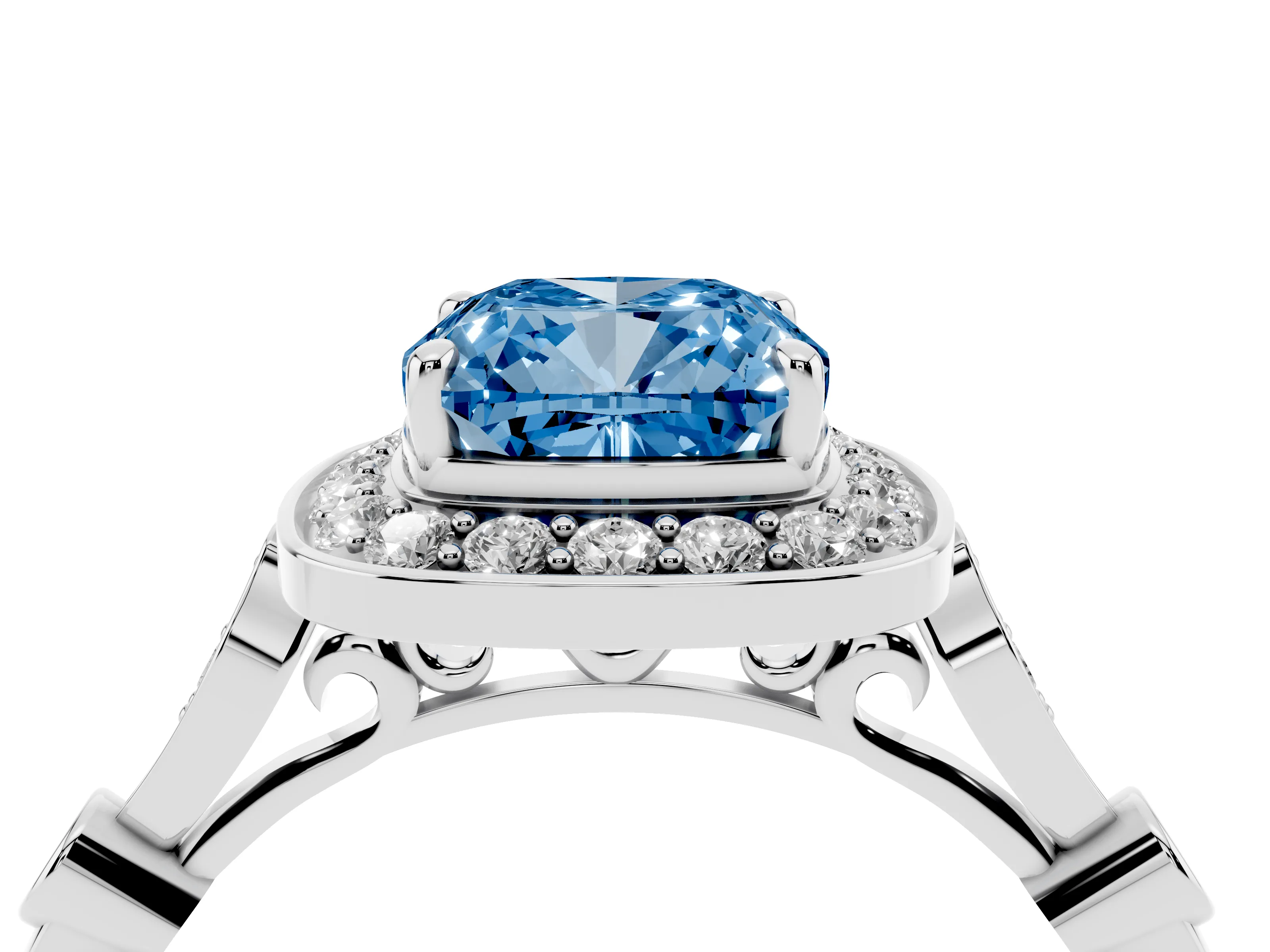 Fancy Blue Cushion Cut Diamond Halo Engagement Ring Set in Platinum with Twisted Band and Prong Setting