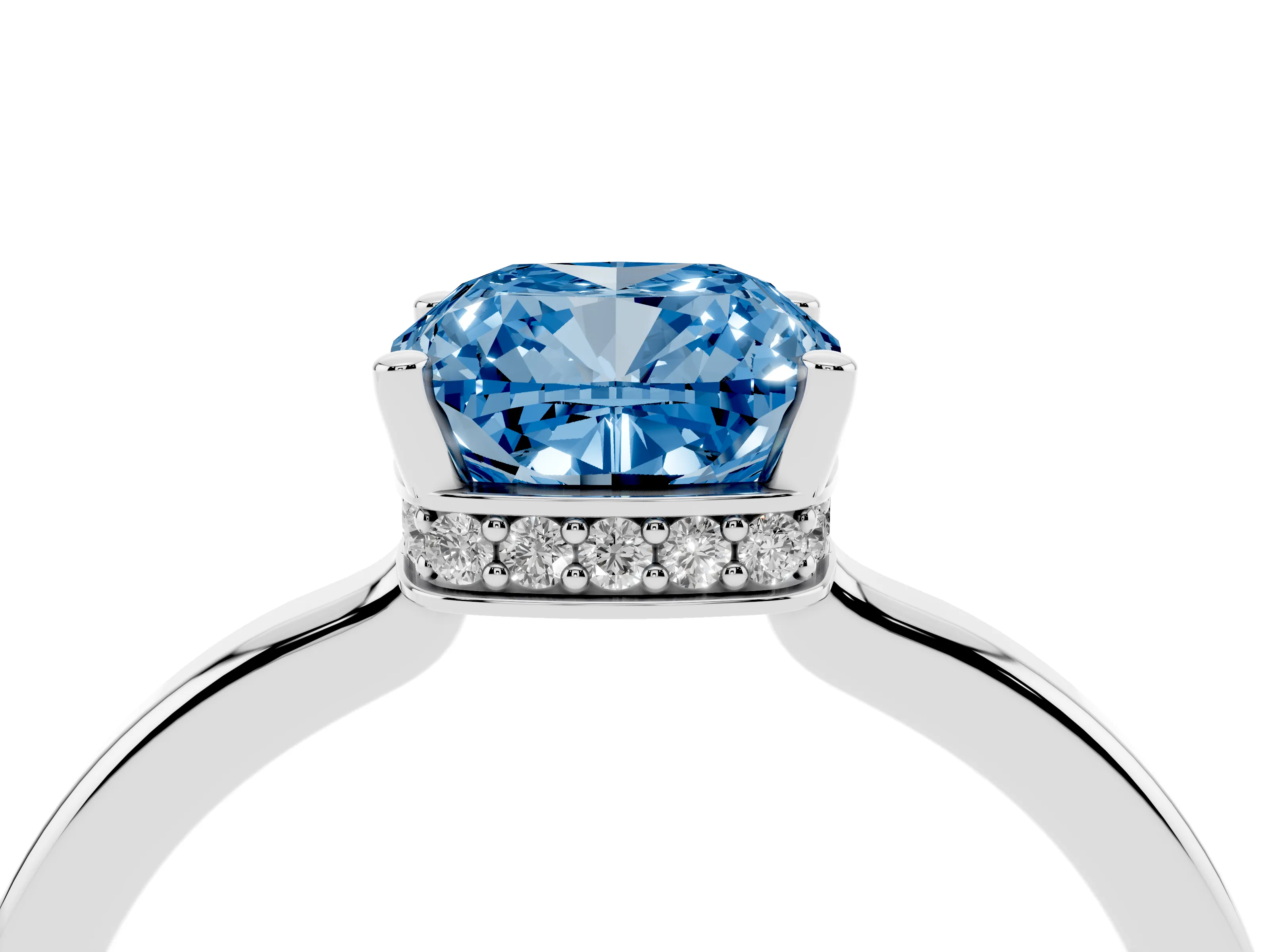 Fancy Blue Cushion Cut Diamond Solitaire Engagement Ring Set in Platinum with Prong Setting on a Plain Band