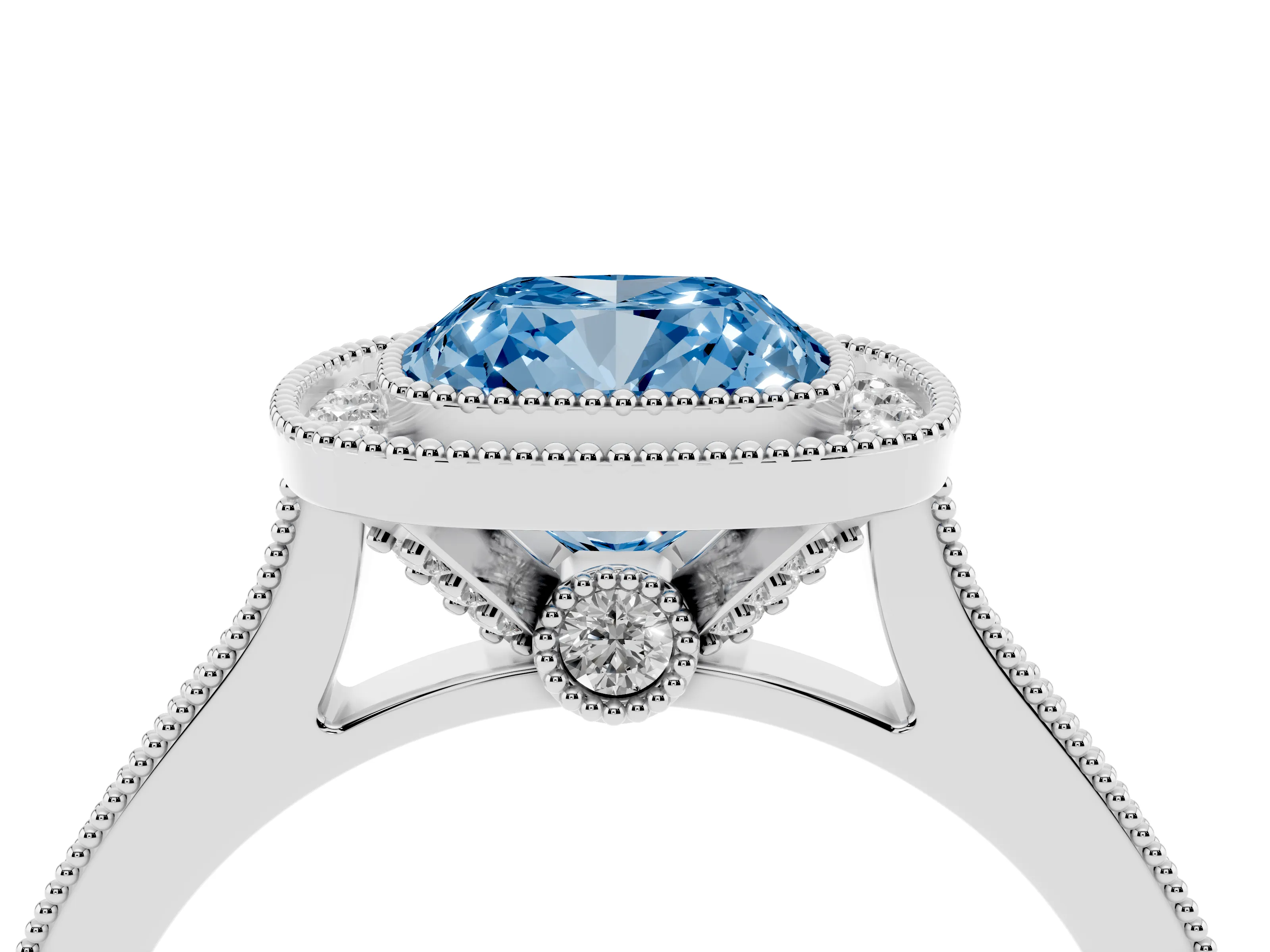 Fancy Blue Cushion Cut Diamond Halo Milgrain Pavé Band Ring Set in White gold with Prong Setting