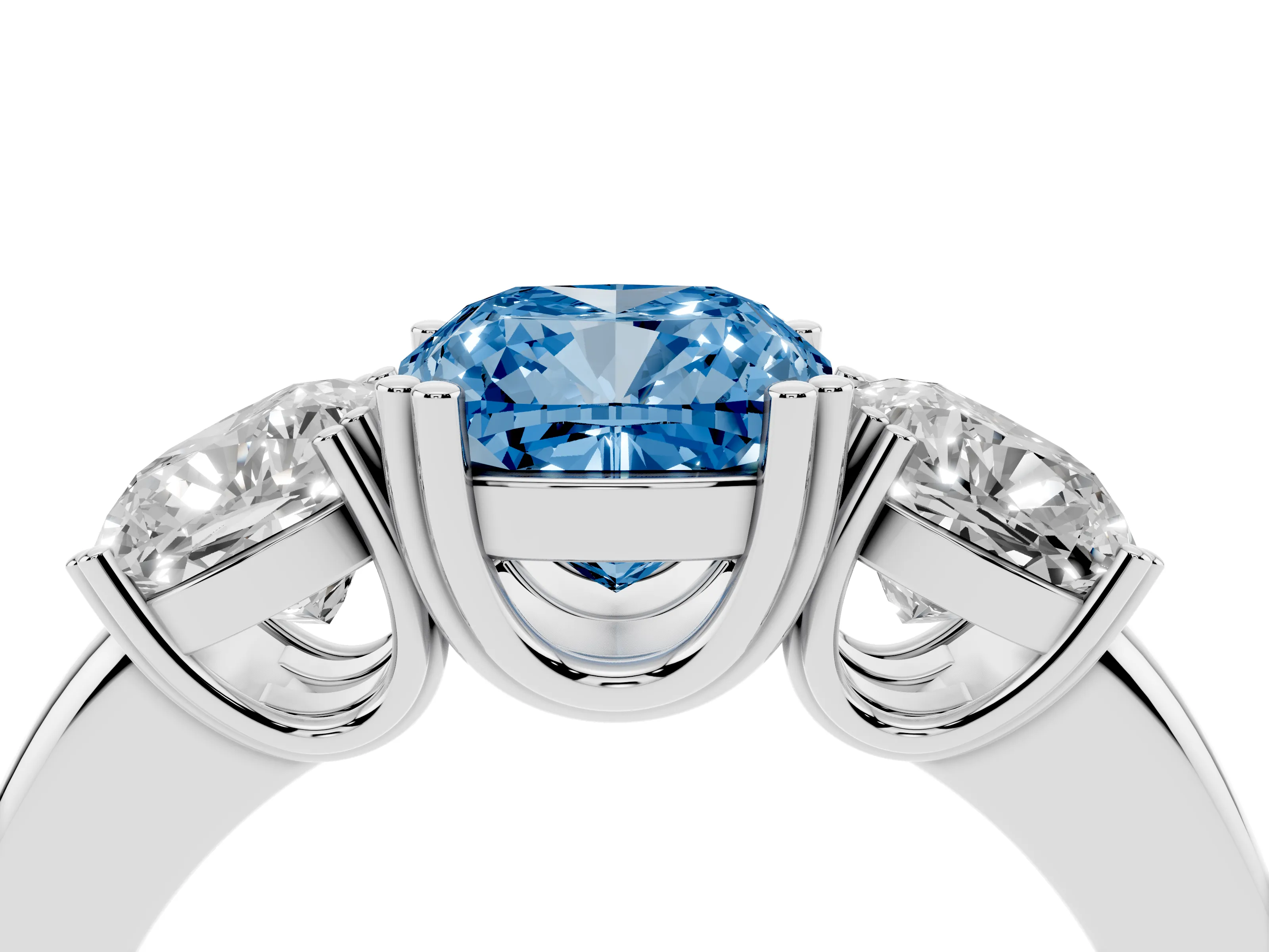 Fancy Blue Cushion Cut Diamond Three-Stone Ring Set in White gold with Polished Band and Prong Setting