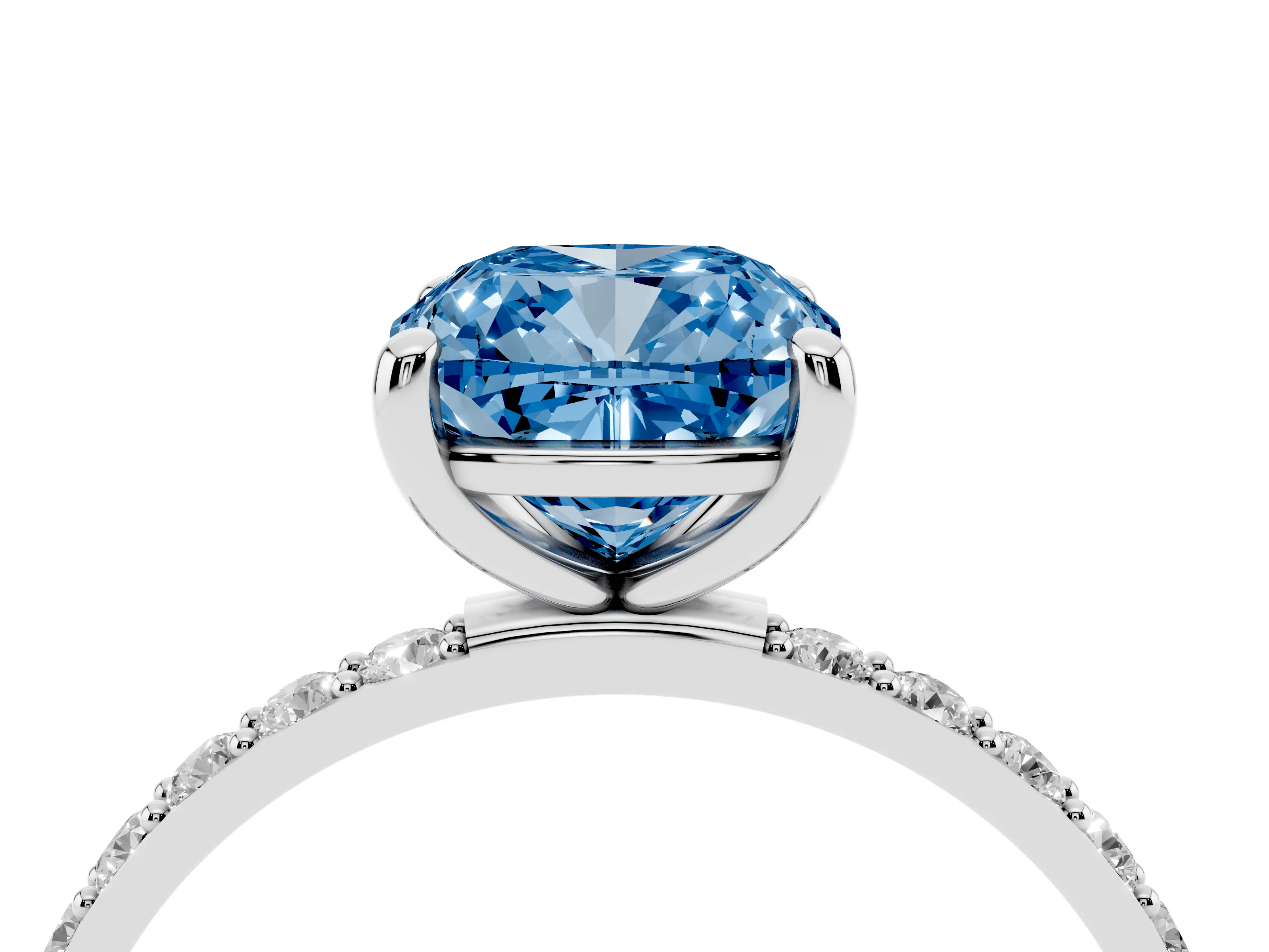 Fancy Blue Cushion Cut Diamond Solitaire Ring Set in Platinum with Round Pavé Band and Prong Setting