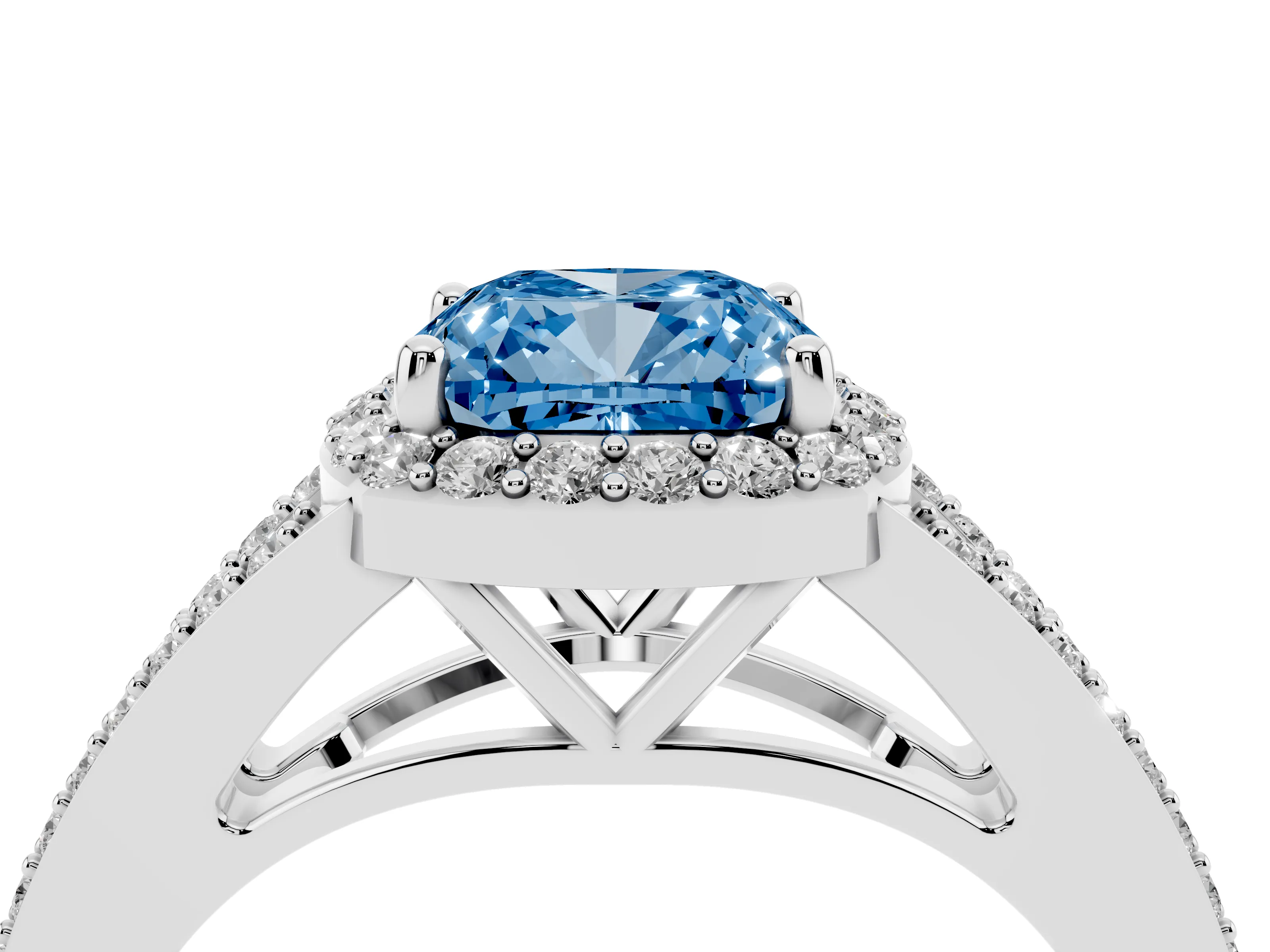 Fancy Blue Cushion Cut Diamond Halo Split Shank Ring Set in Silver with Accent Stones and Prong Setting