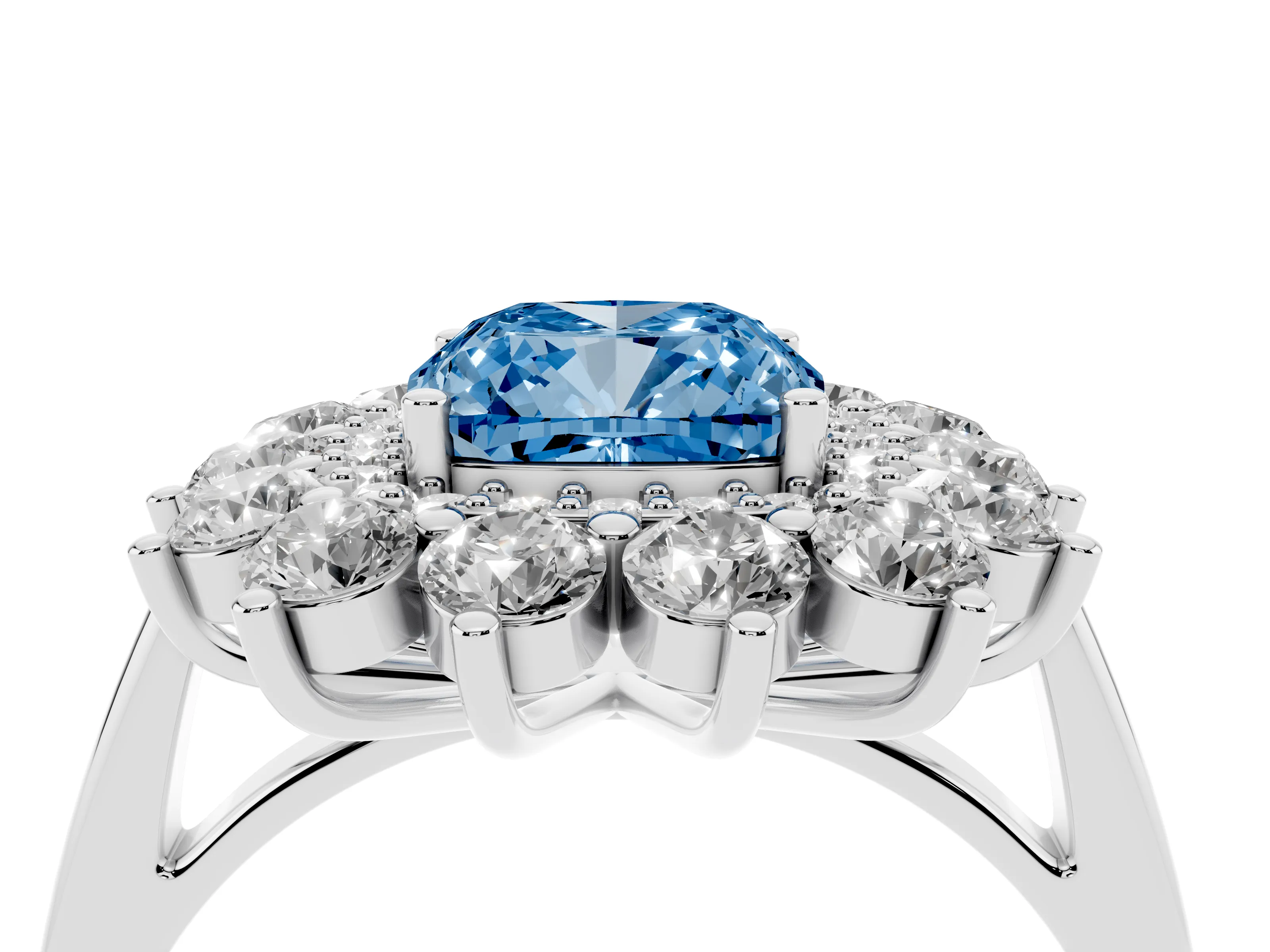 Fancy Blue Cushion Cut Diamond Floral Double Halo Ring Set in Platinum with Round Petals