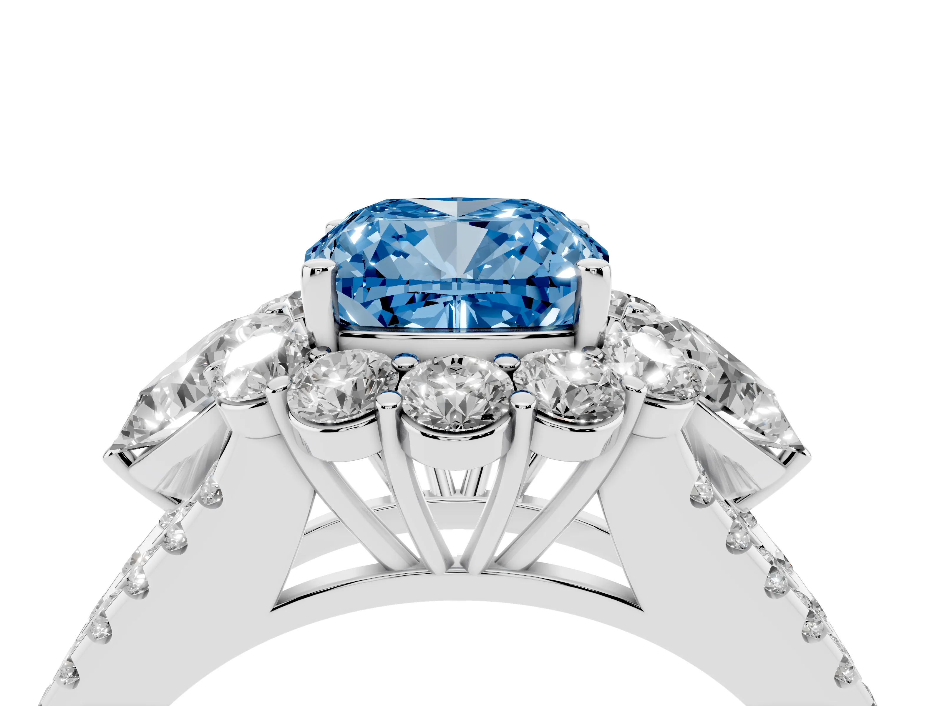 Fancy Blue Cushion Cut Diamond Halo Split Shank Engagement Ring Set in Platinum with Prong-Held Center Stone