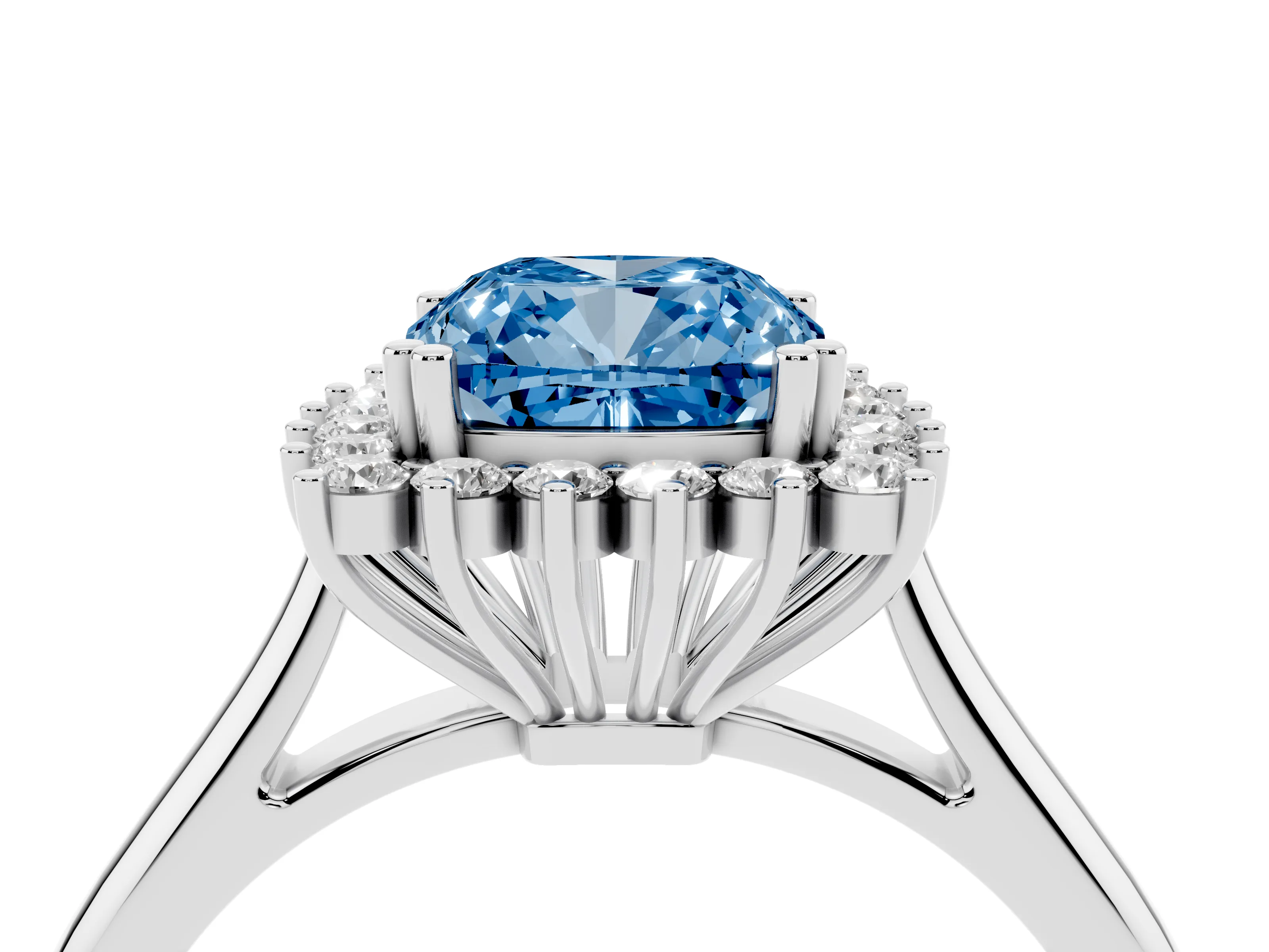 Fancy Blue Cushion Cut Diamond Halo Ring Set in Platinum with Plain Solitaire Band and Prong Setting