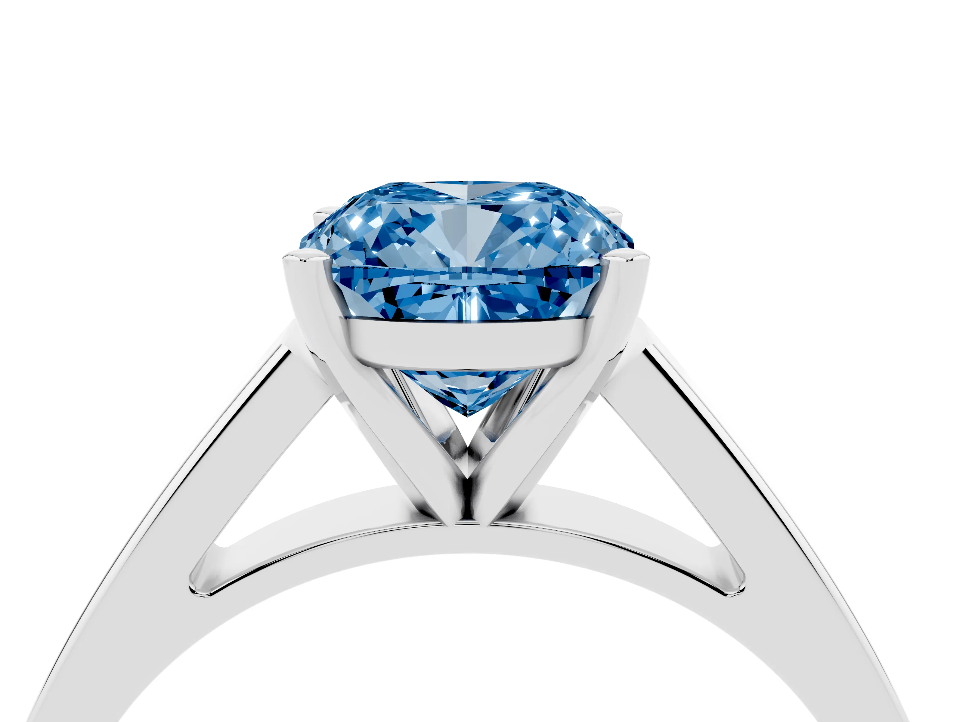 Fancy Blue Cushion Cut Diamond Solitaire Engagement Ring Set in White gold with Prong Setting and Tapered Band