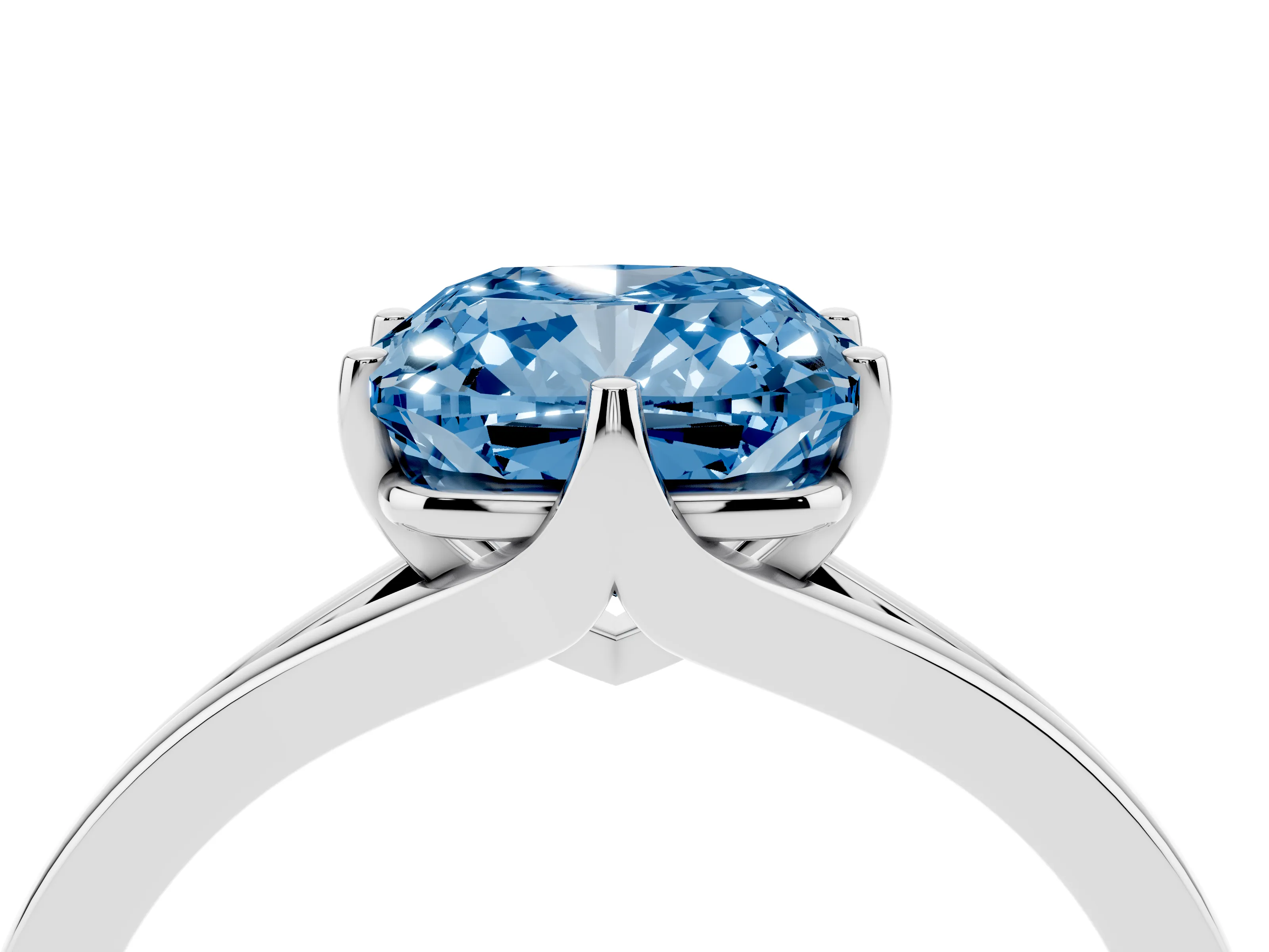 Fancy Blue Cushion Cut Diamond Solitaire Ring Set in White gold with Polished Tapered Band and Prong Setting