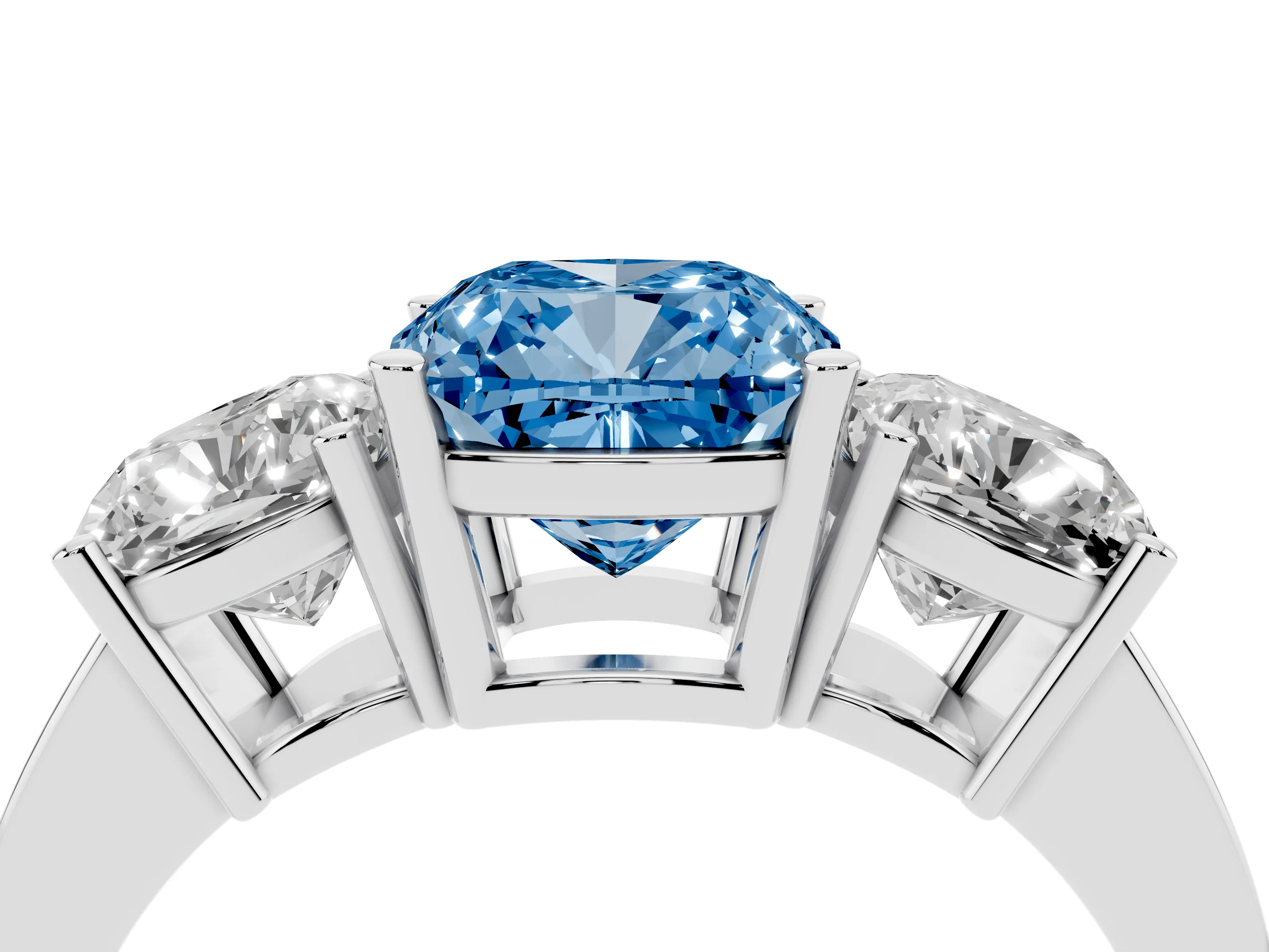 Fancy Blue Cushion Cut Diamond Three-Stone Engagement Ring Set in White gold with Flat Band