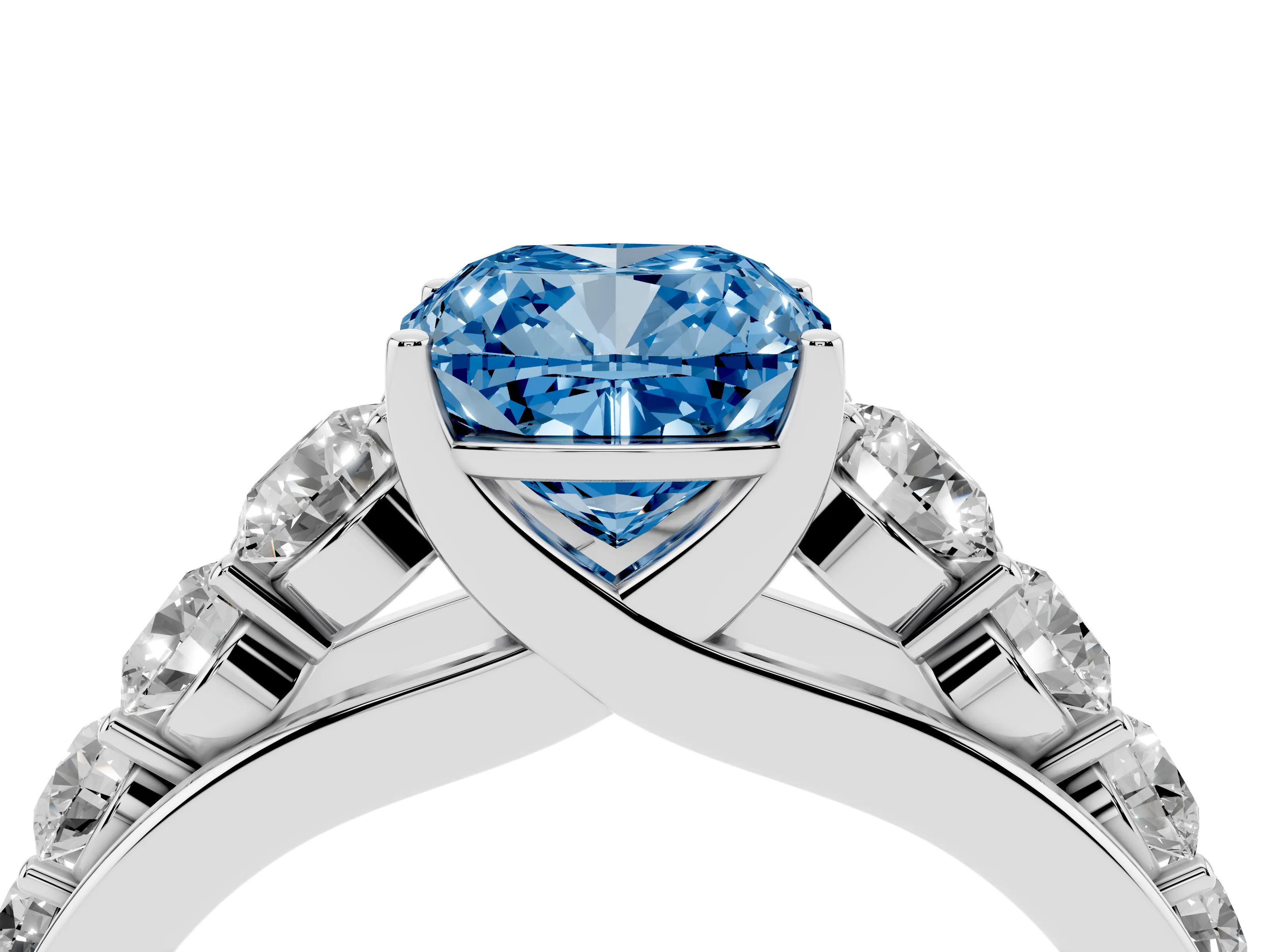 Fancy Blue Cushion Cut Diamond Solitaire Ring Set in Platinum with Pavé-Set Band and Prong Setting