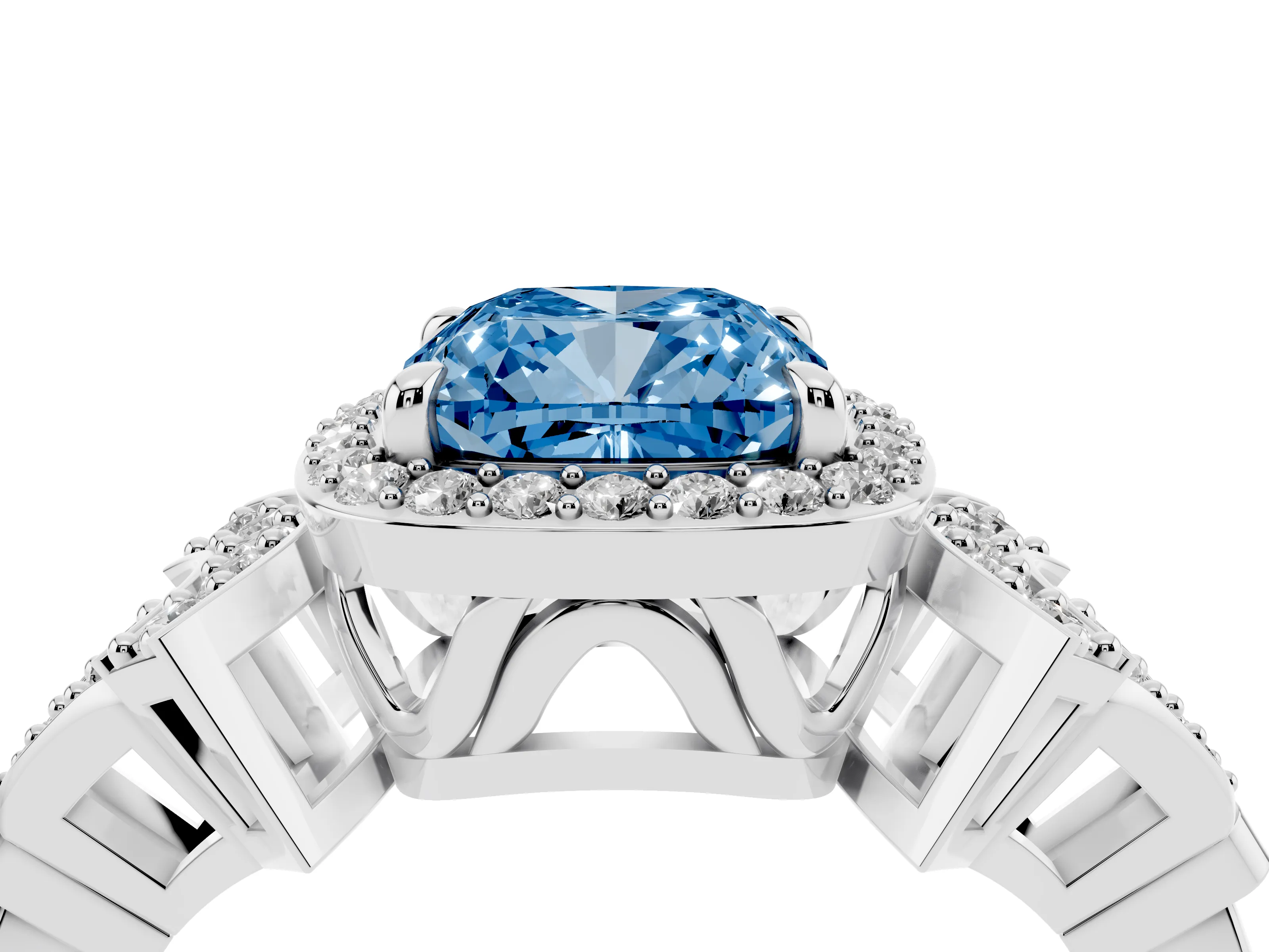 Fancy Blue Cushion Cut Diamond Halo Engagement Ring Set in Platinum with Accent Stone Split Shank