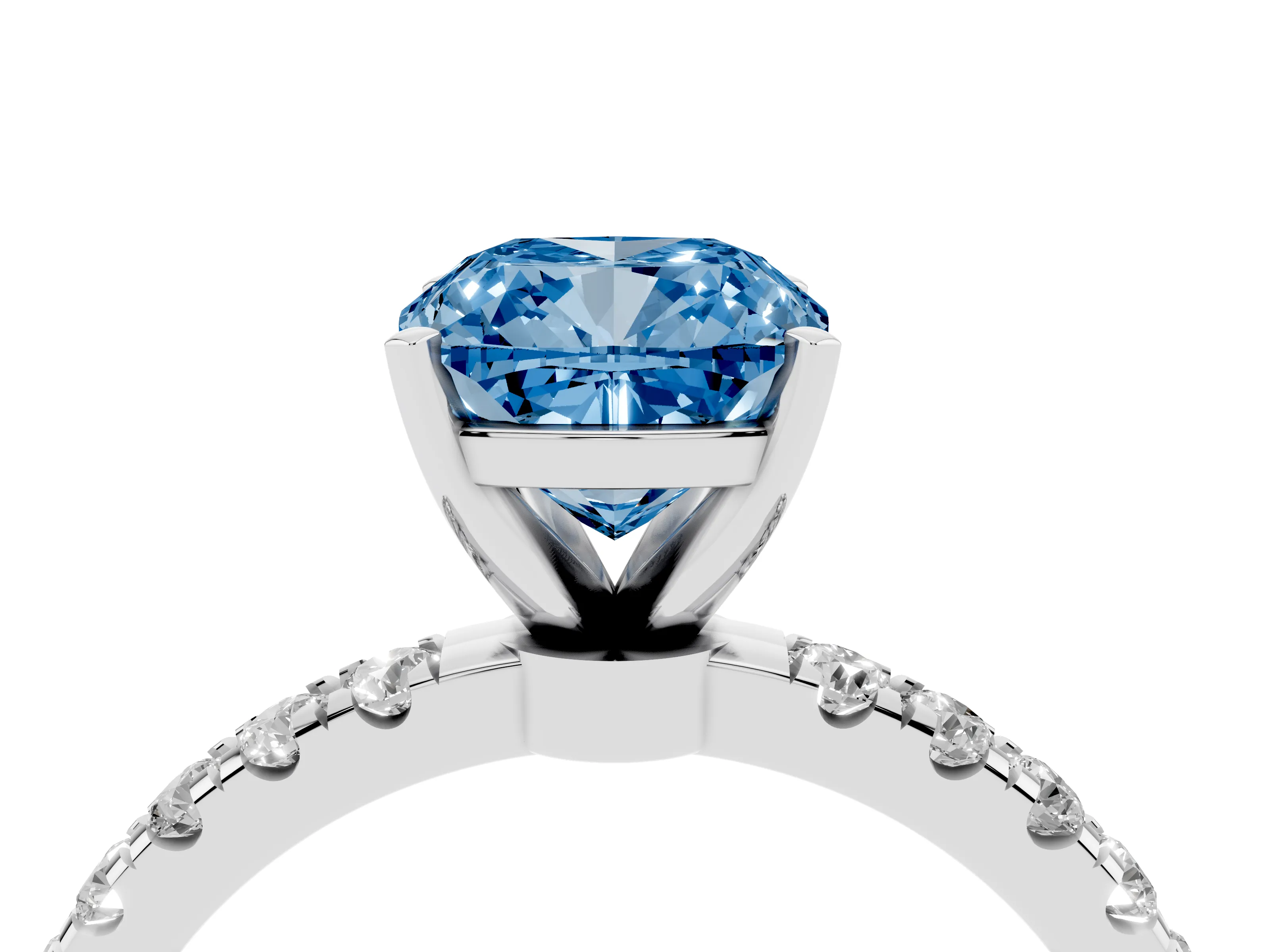 Fancy Blue Cushion Cut Diamond Solitaire Ring Set in Silver with Pavé Accents and Prong Setting